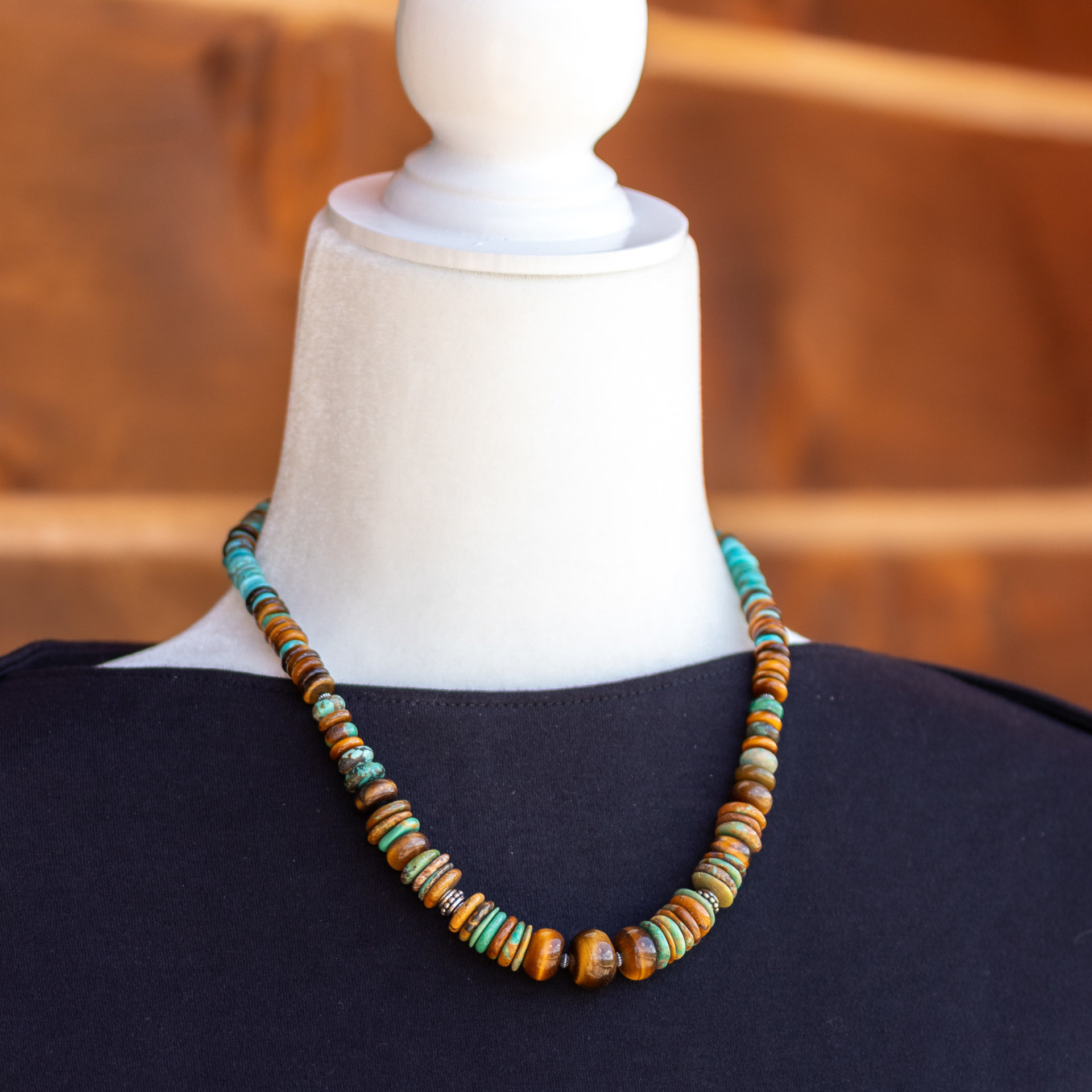 Chunky Beaded Necklace with Genuine Turquoise and Tiger Eye Gemstones