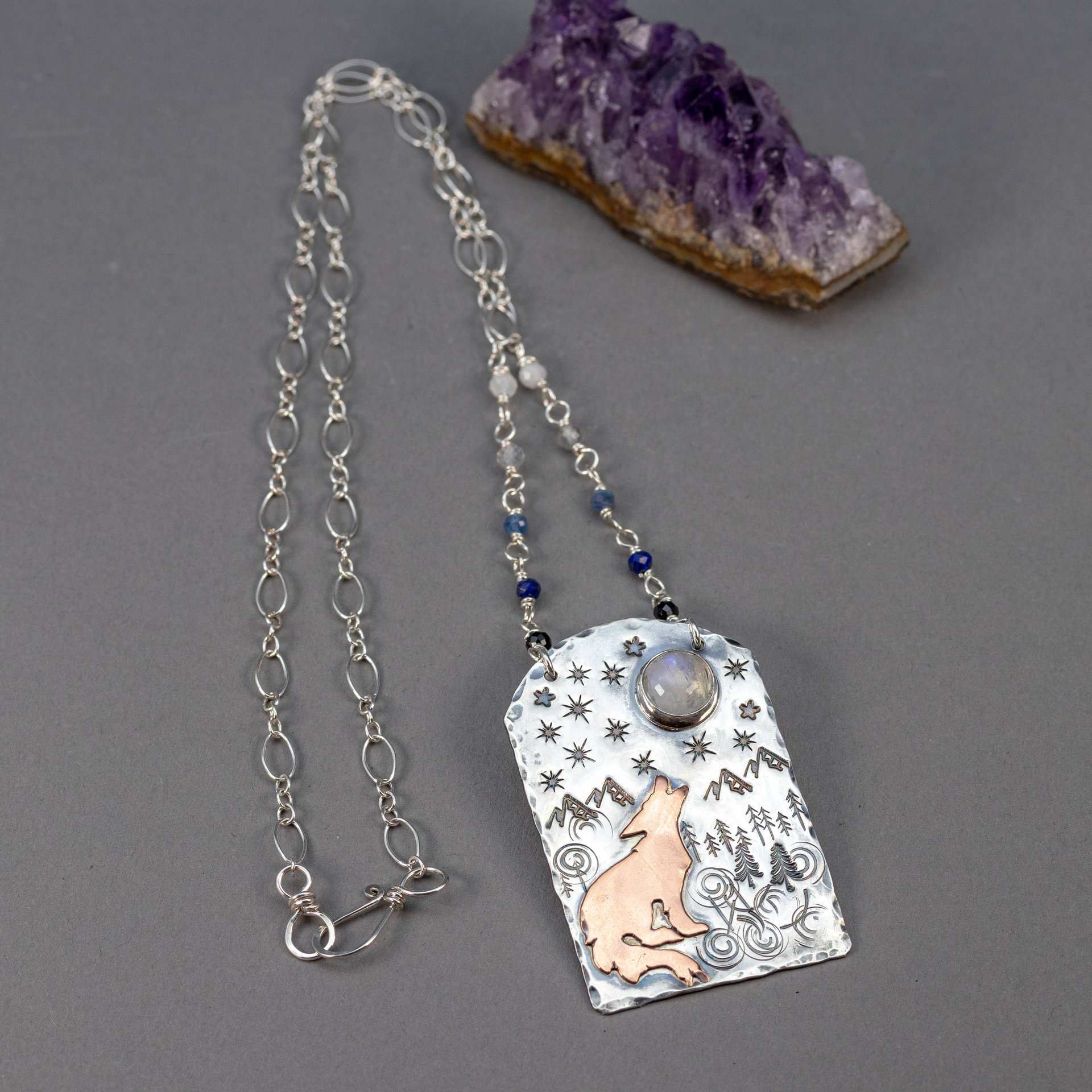 Mixed Metals and Natural Stone Necklace, "Howl" Necklace with Coyote in a Mountain Scene