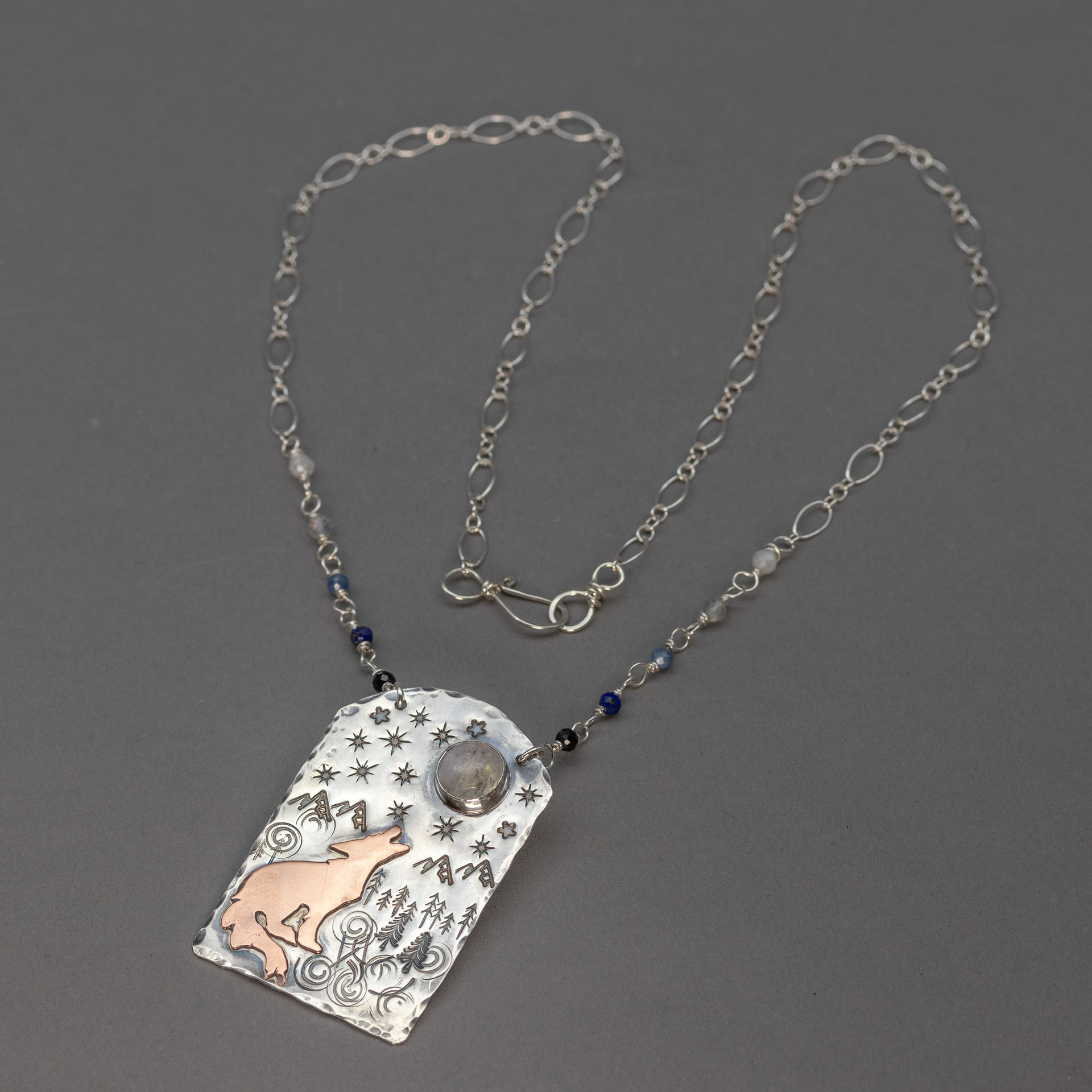 Mixed Metals and Natural Stone Necklace, "Howl" Necklace with Coyote in a Mountain Scene