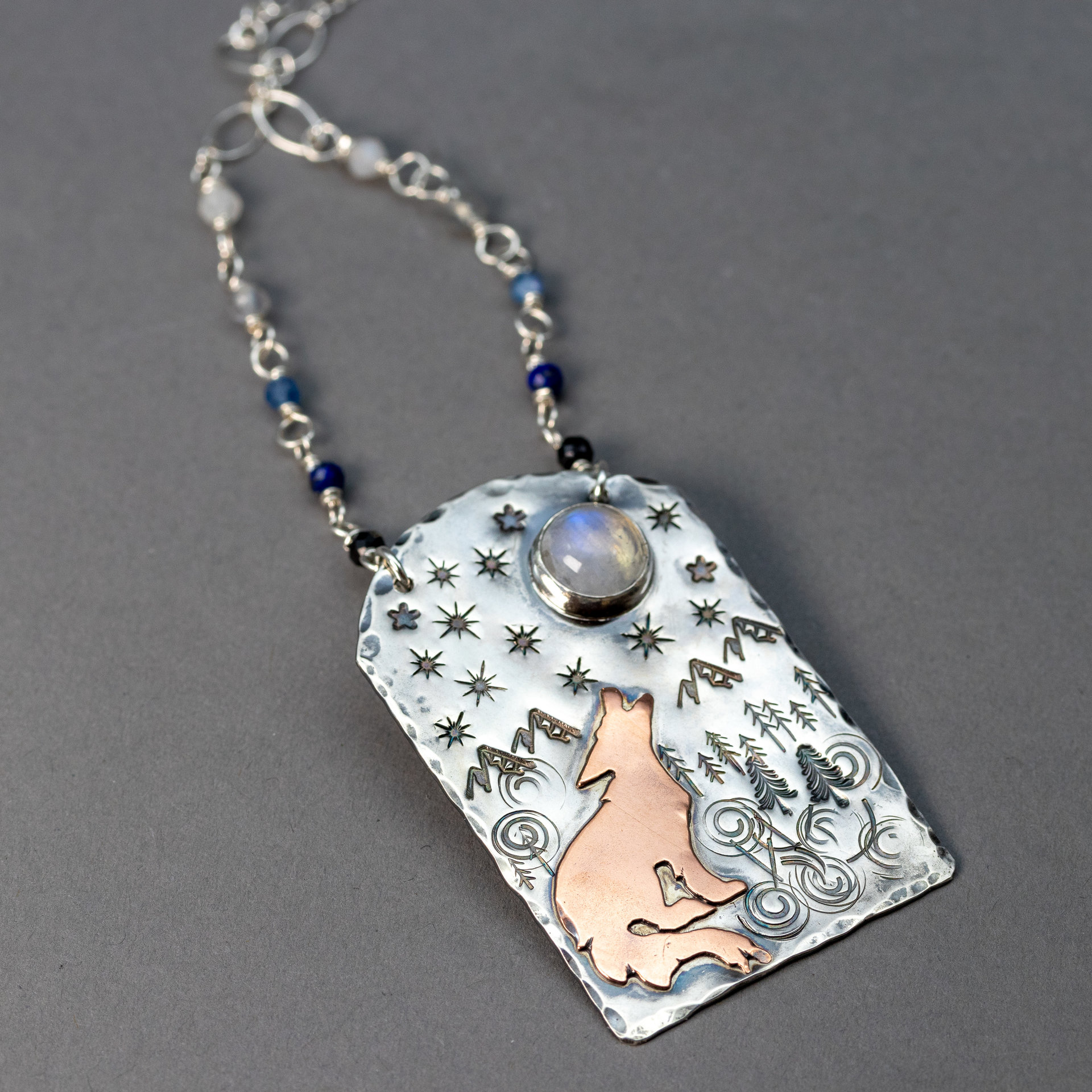 Mixed Metals and Natural Stone Necklace, "Howl" Necklace with Coyote in a Mountain Scene