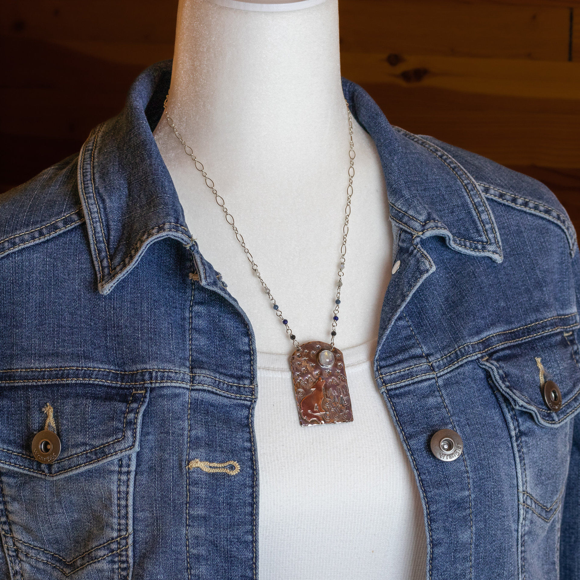 Mixed Metals and Natural Stone Necklace, "Howl" Necklace with Coyote in a Mountain Scene