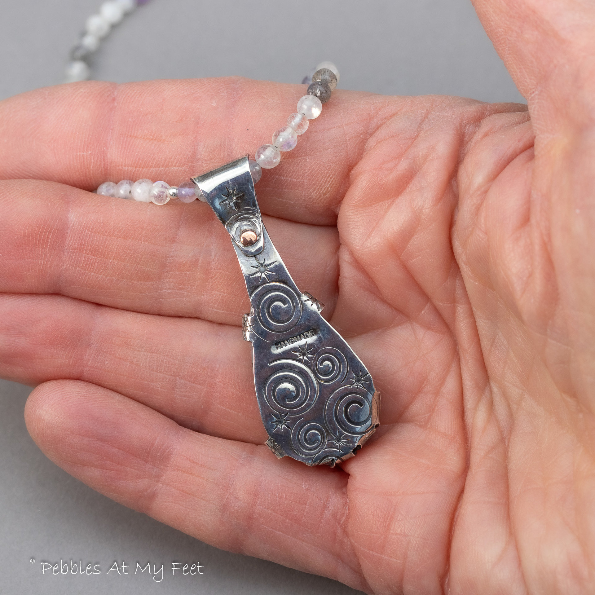 Shimmering Blue Flash Moonstone Handcrafted Pendant on Gemstone Beaded Strand