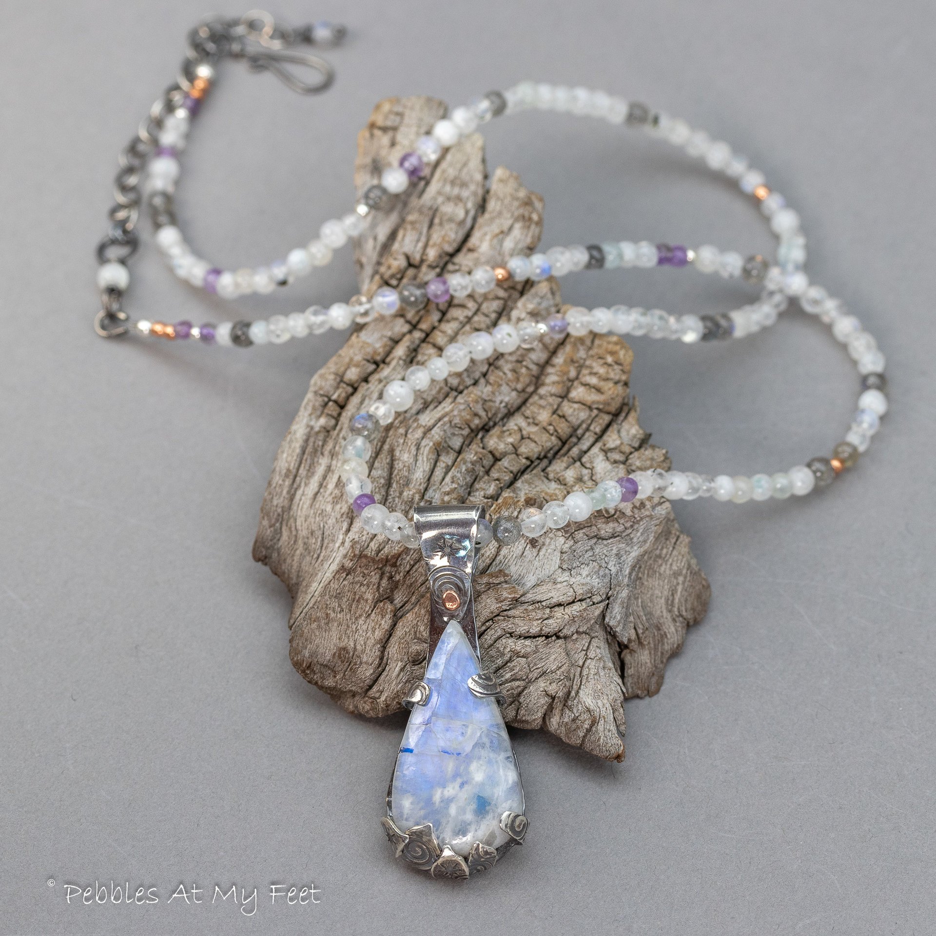 Shimmering Blue Flash Moonstone Handcrafted Pendant on Gemstone Beaded Strand