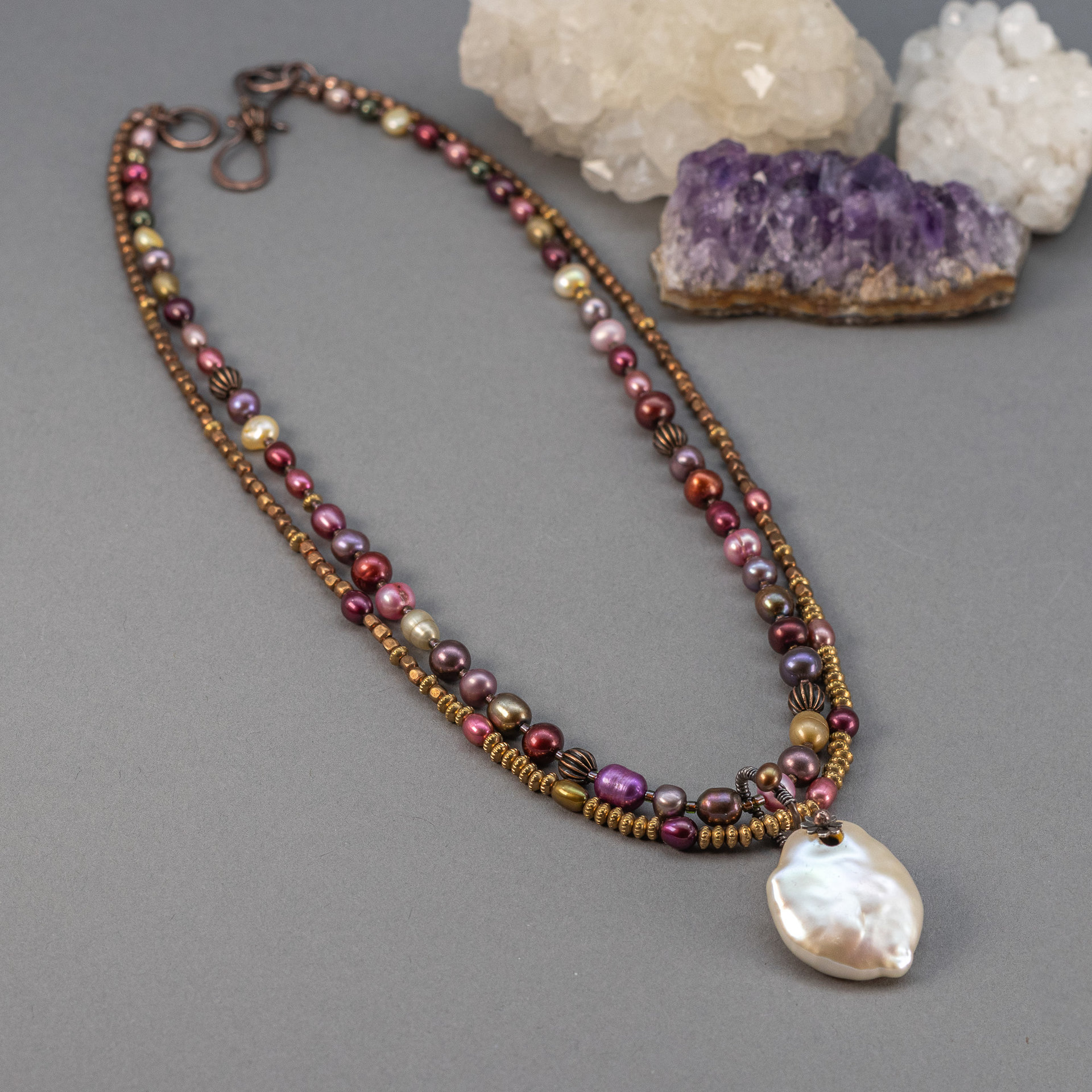 Harlequin Pearl Necklace, Two Strand Multicolor Freshwater Pearl Necklace