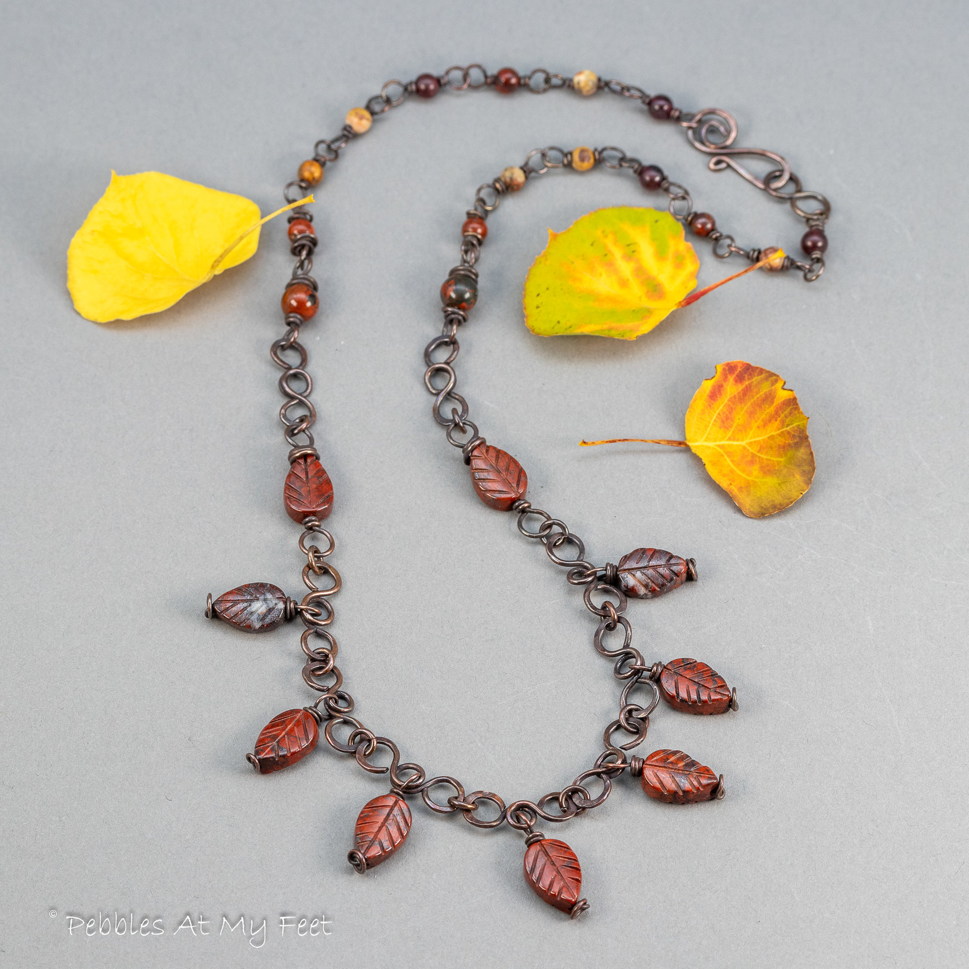 Handcrafted Copper Link Necklace with Poppy Jasper Leaf Shaped Stones