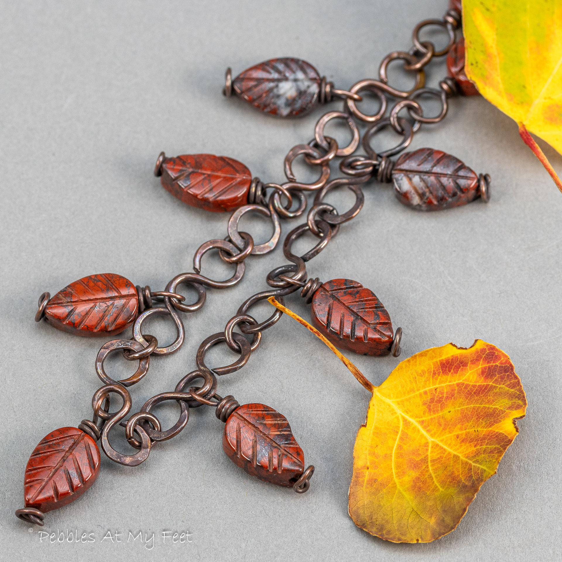 Handcrafted Copper Link Necklace with Poppy Jasper Leaf Shaped Stones