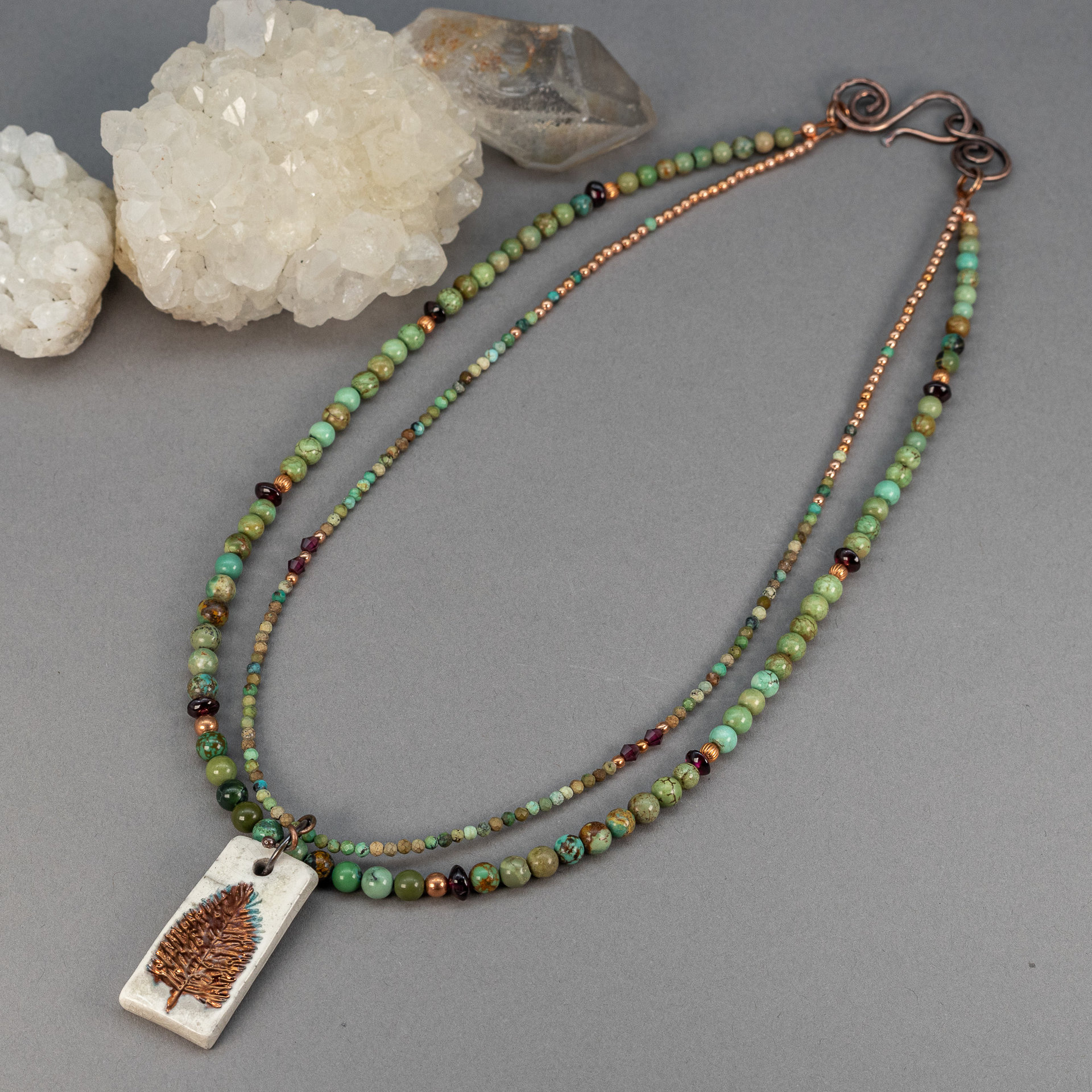 Green Turquoise Beaded Necklace with  Porcelain Tree Pendant