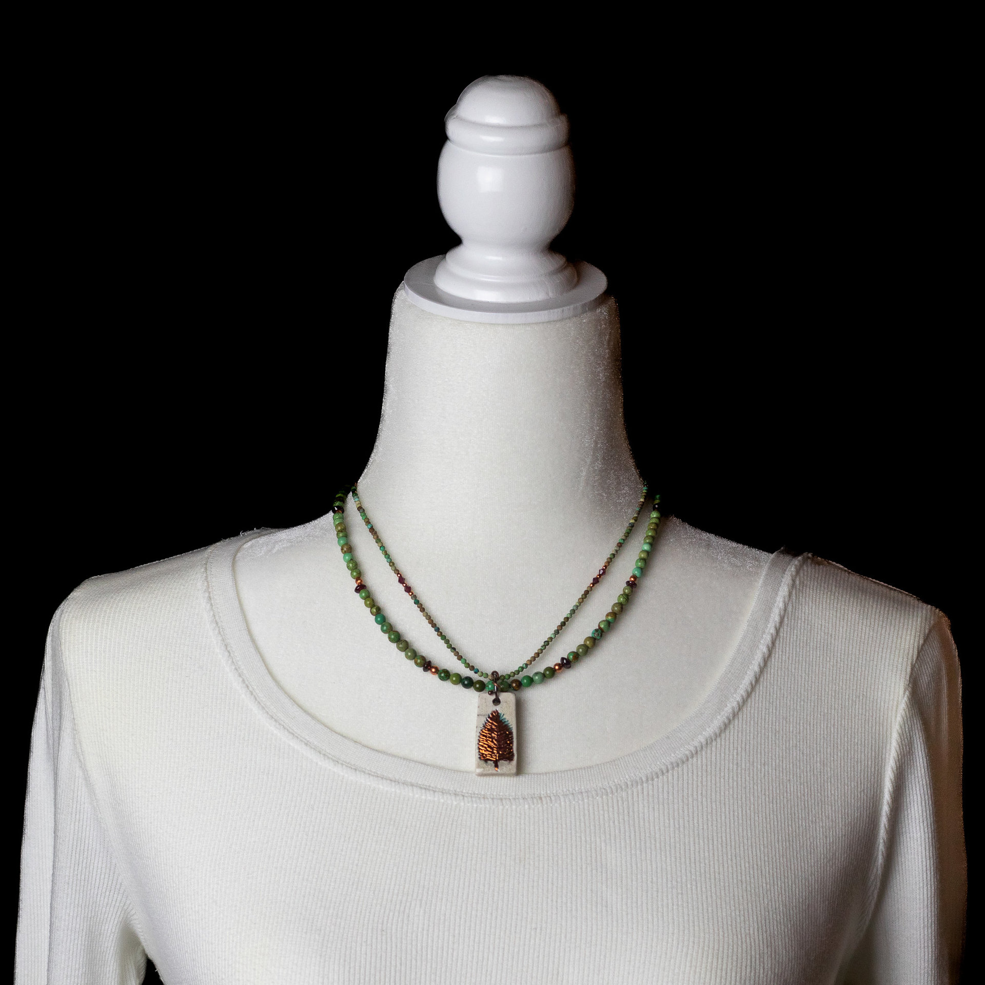 Green Turquoise Beaded Necklace with  Porcelain Tree Pendant