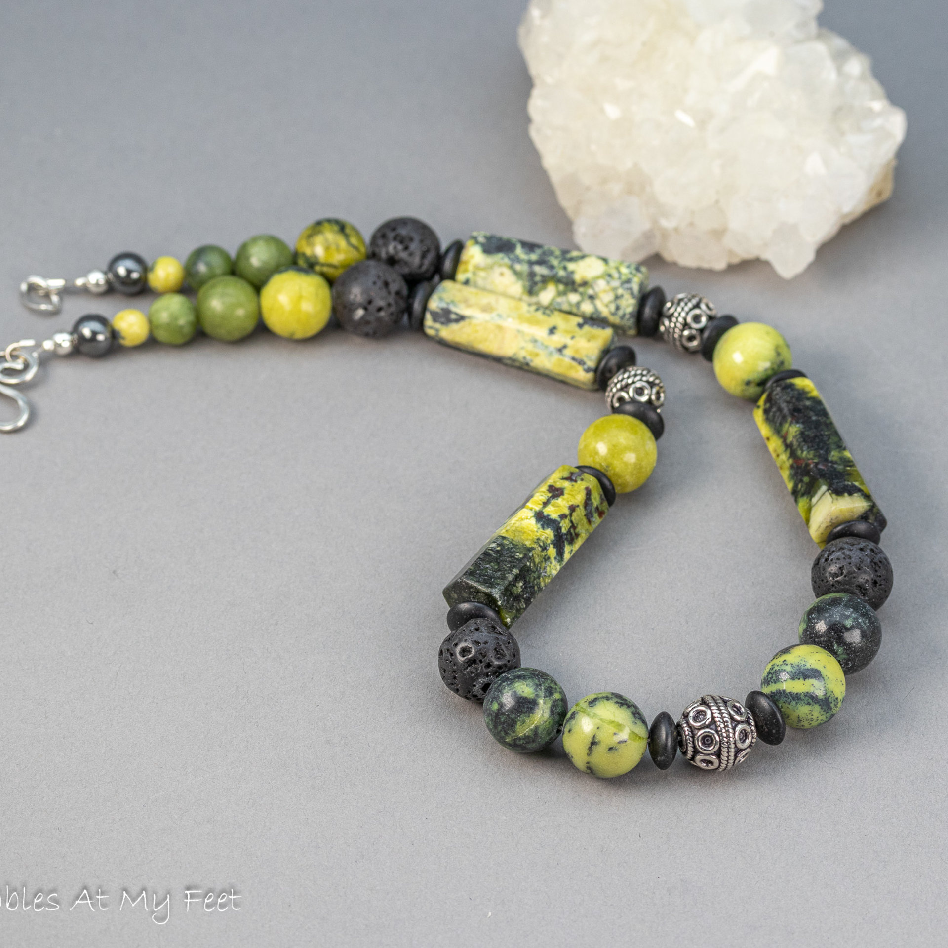 Chunky Bead Necklace, Bright Green and Black Stone Necklace with Silver Accents