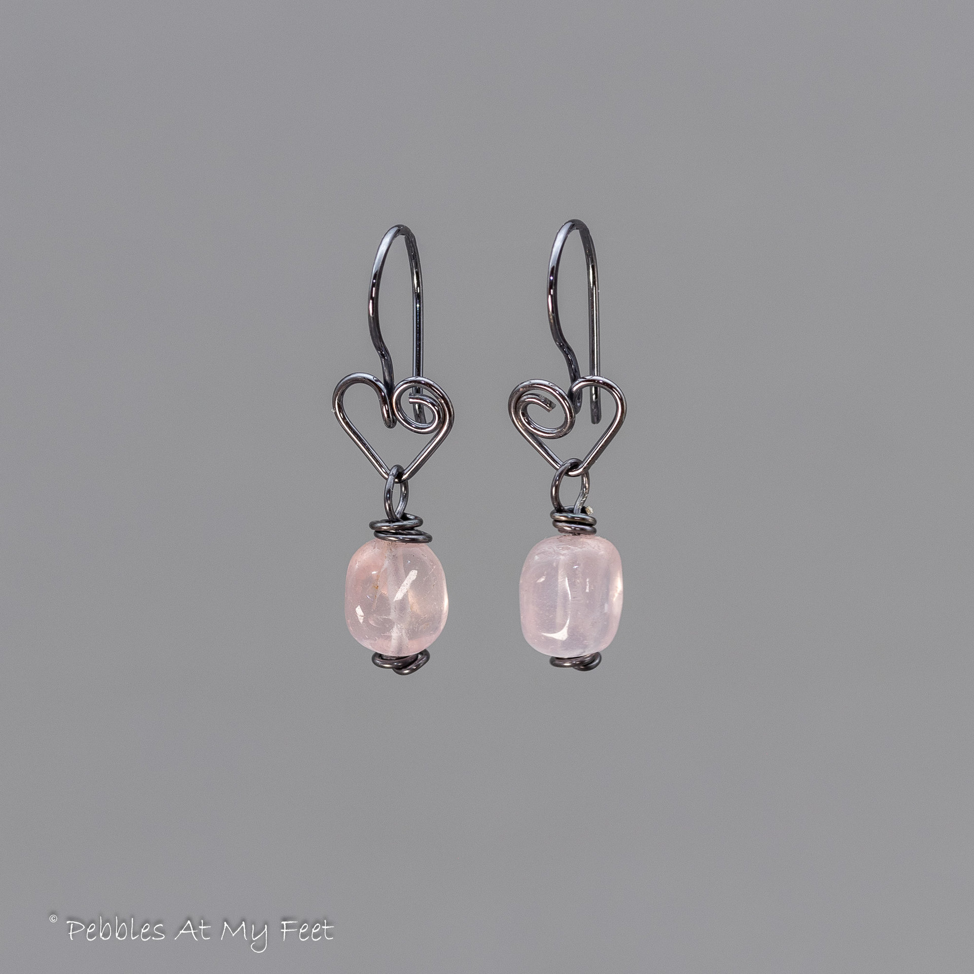 Rustic Heart Earrings with Rose Quartz Pebbles