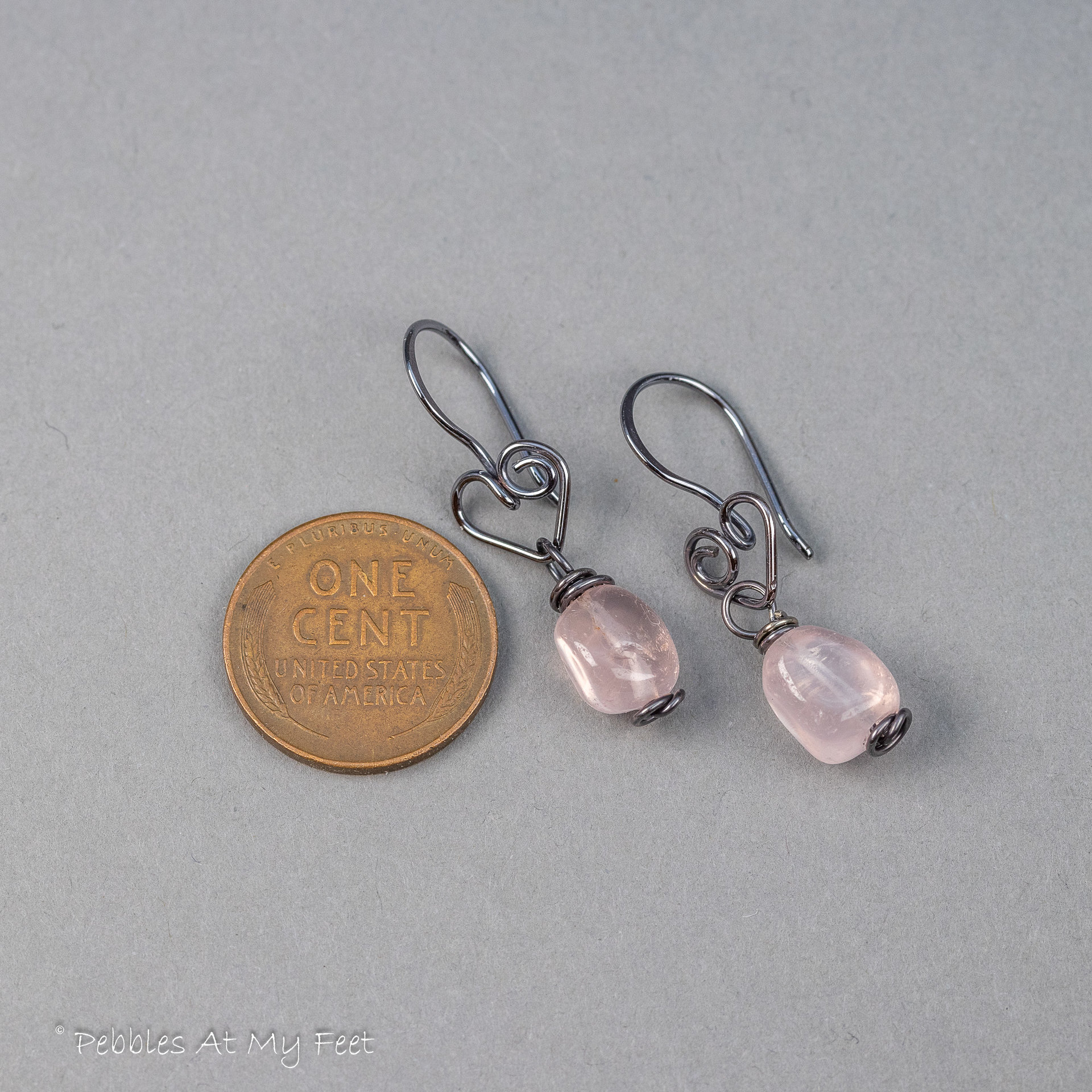 Rustic Heart Earrings with Rose Quartz Pebbles