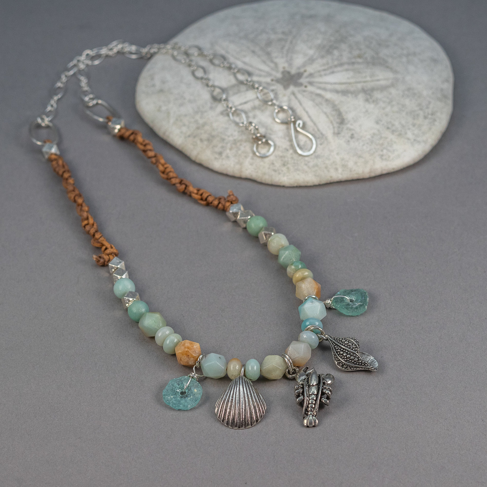 Seashore Theme Charm Necklace, Amazonite and Roman Glass