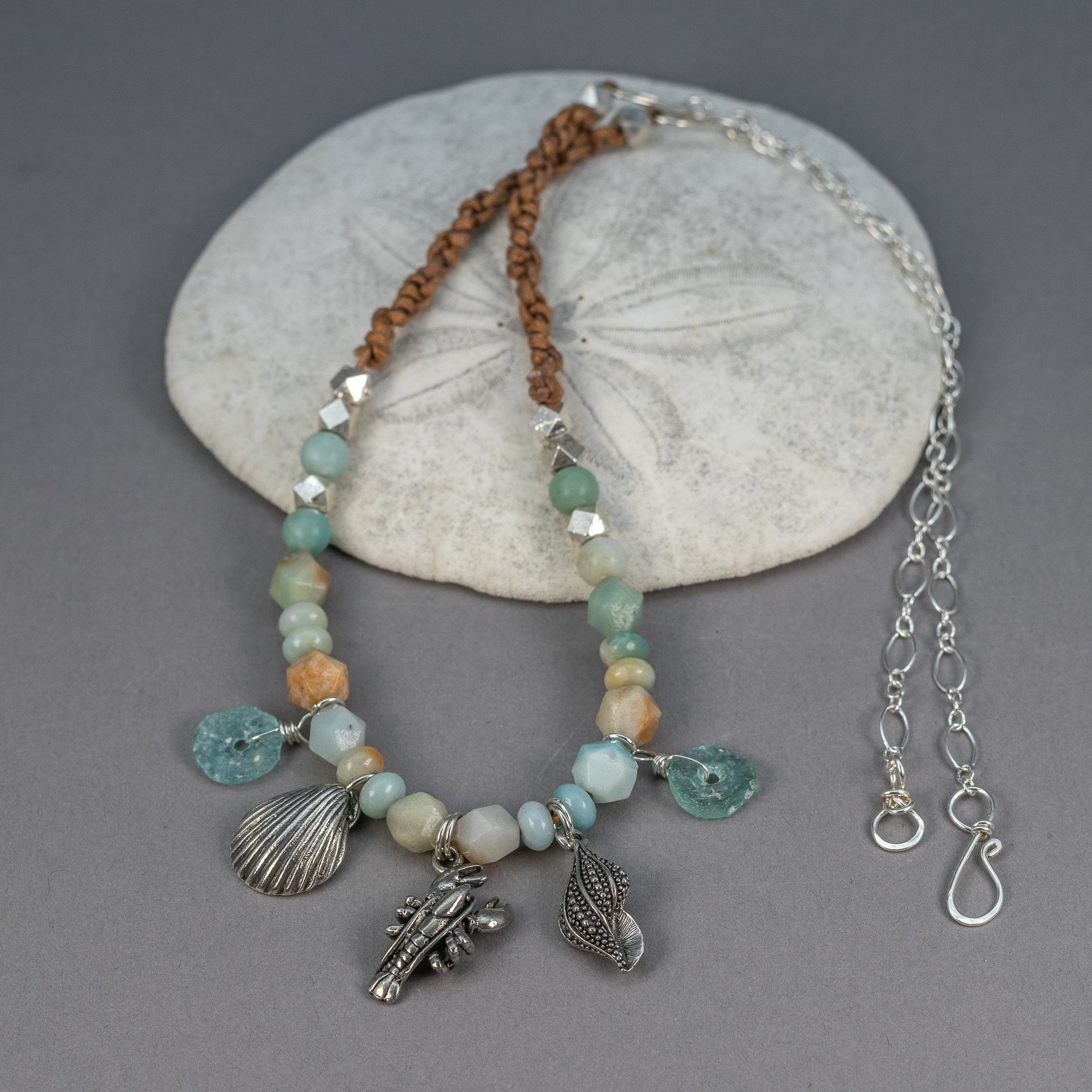 Seashore Theme Charm Necklace, Amazonite and Roman Glass