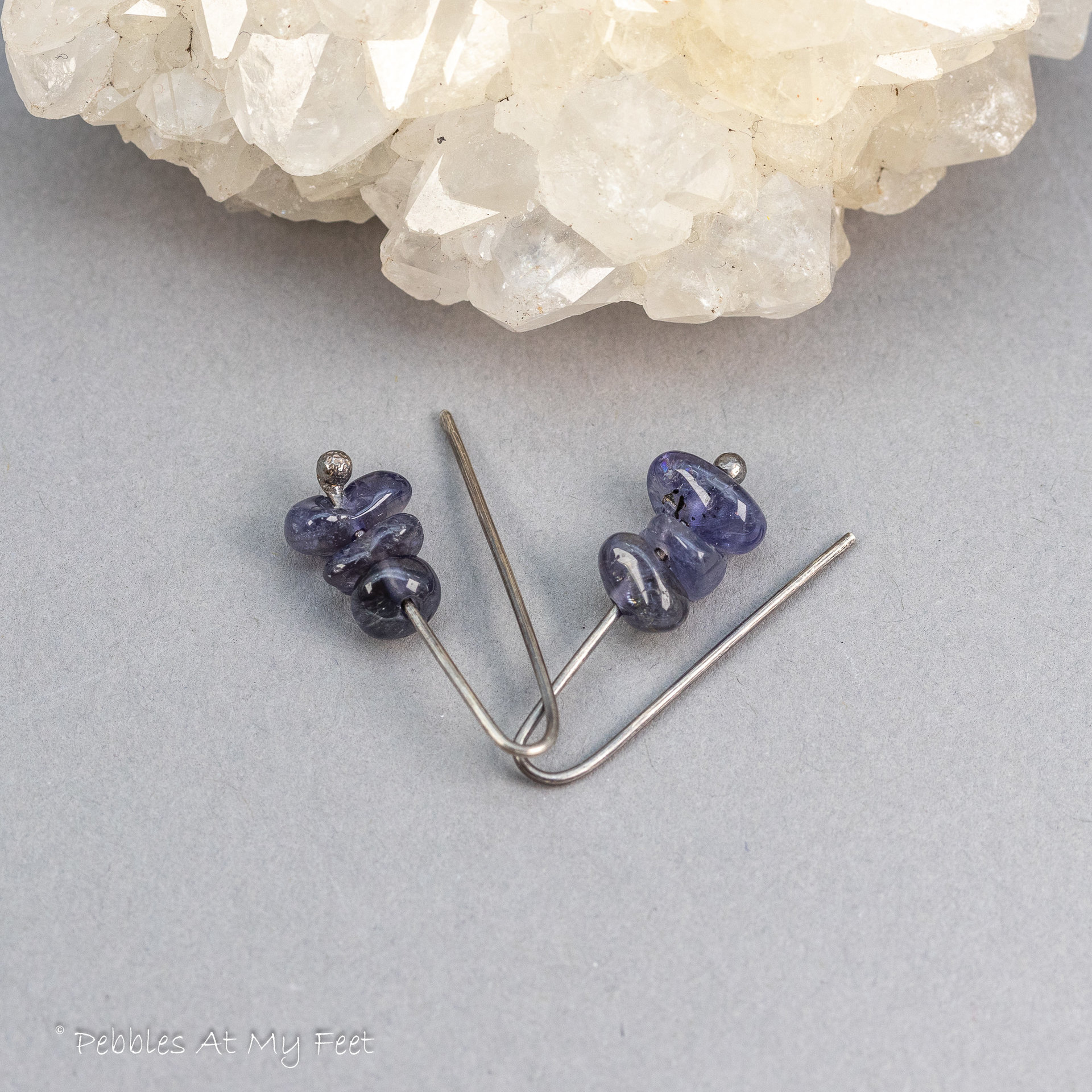 Minimal Earrings with Iolite Gemstone Chips, Dainty Wire Threader Earrings