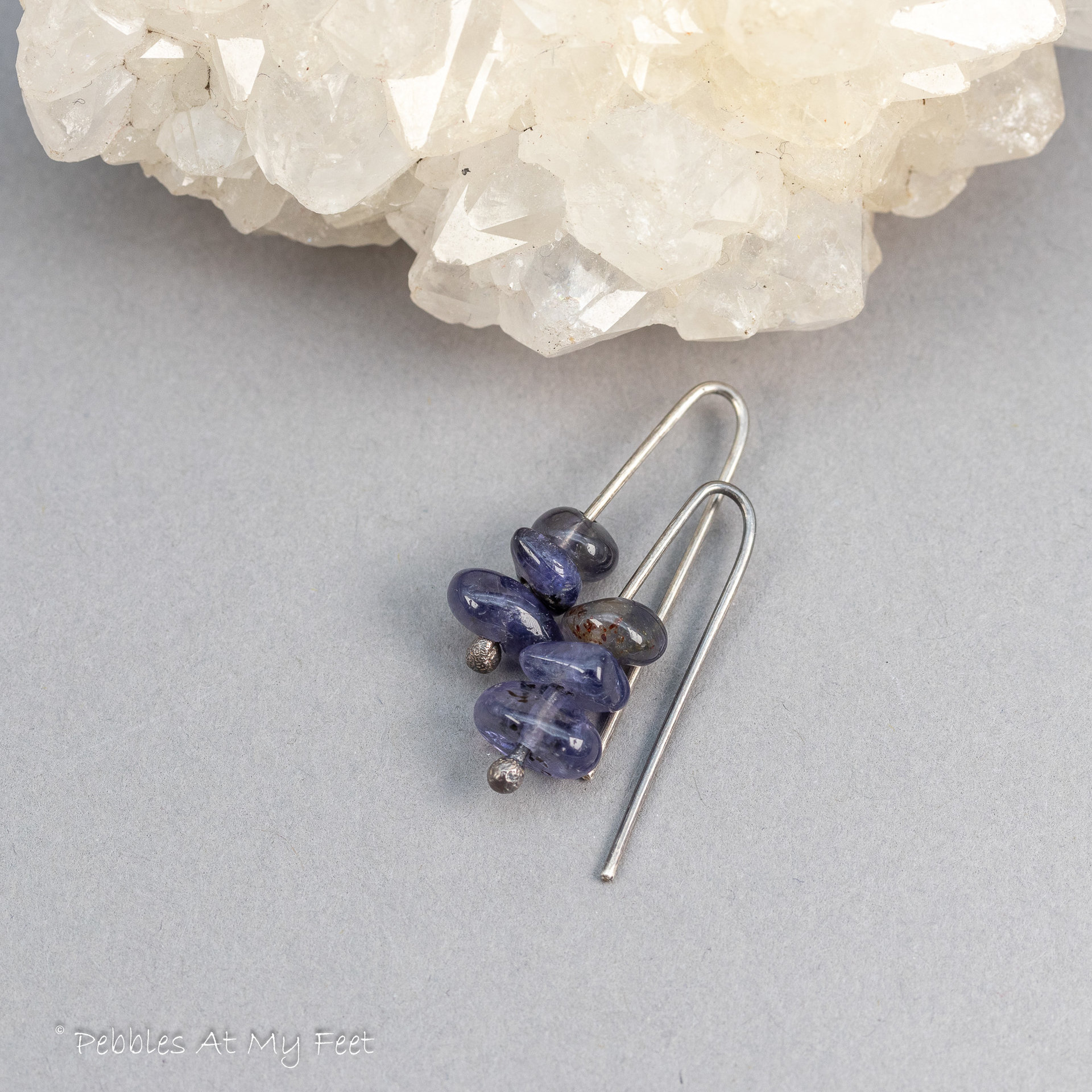 Minimal Earrings with Iolite Gemstone Chips, Dainty Wire Threader Earrings