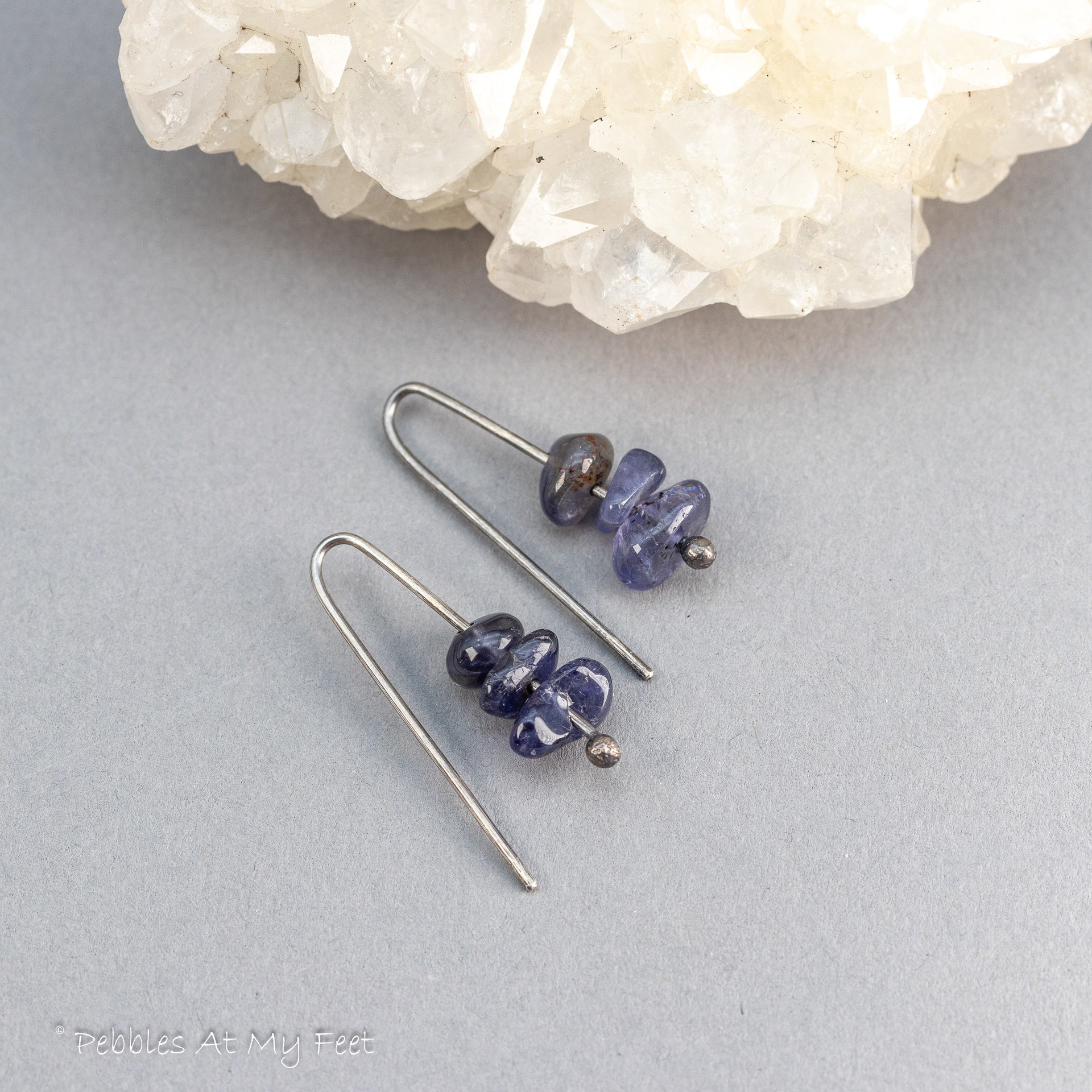 Minimal Earrings with Iolite Gemstone Chips, Dainty Wire Threader Earrings