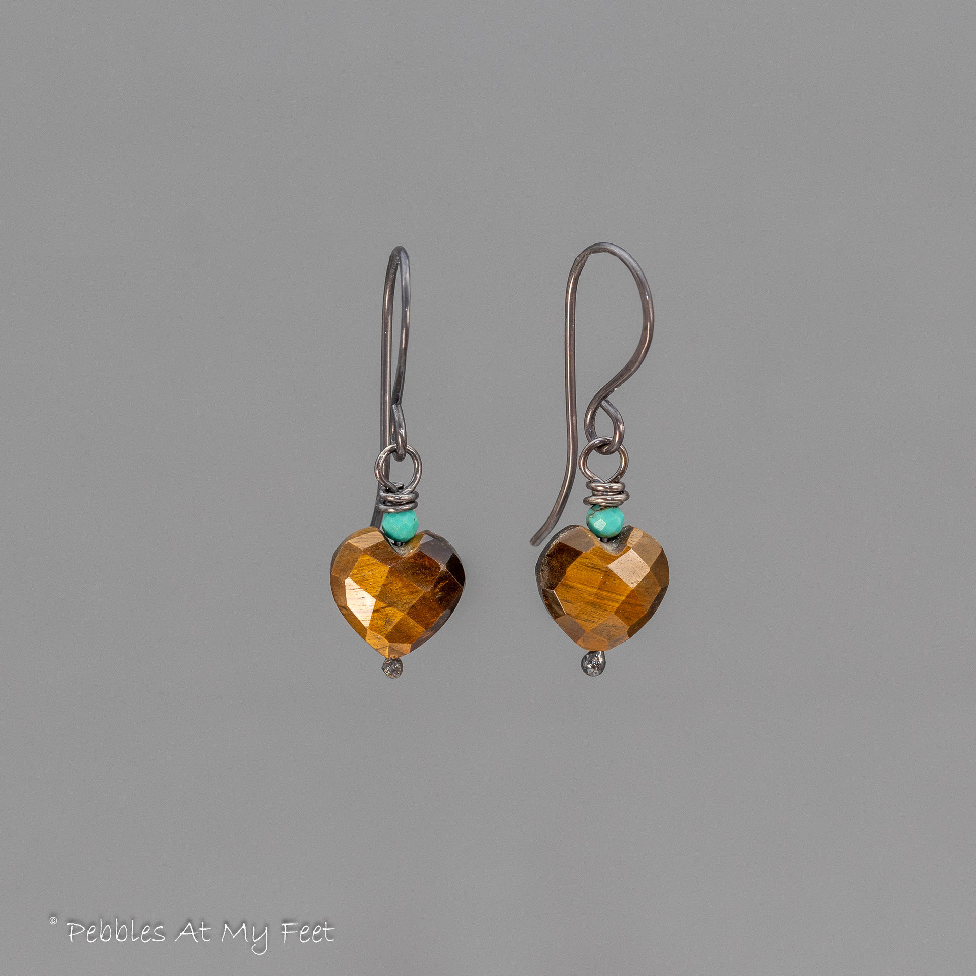 Tiger's Eye Gemstone Heart Earrings Handmade in Sterling Silver