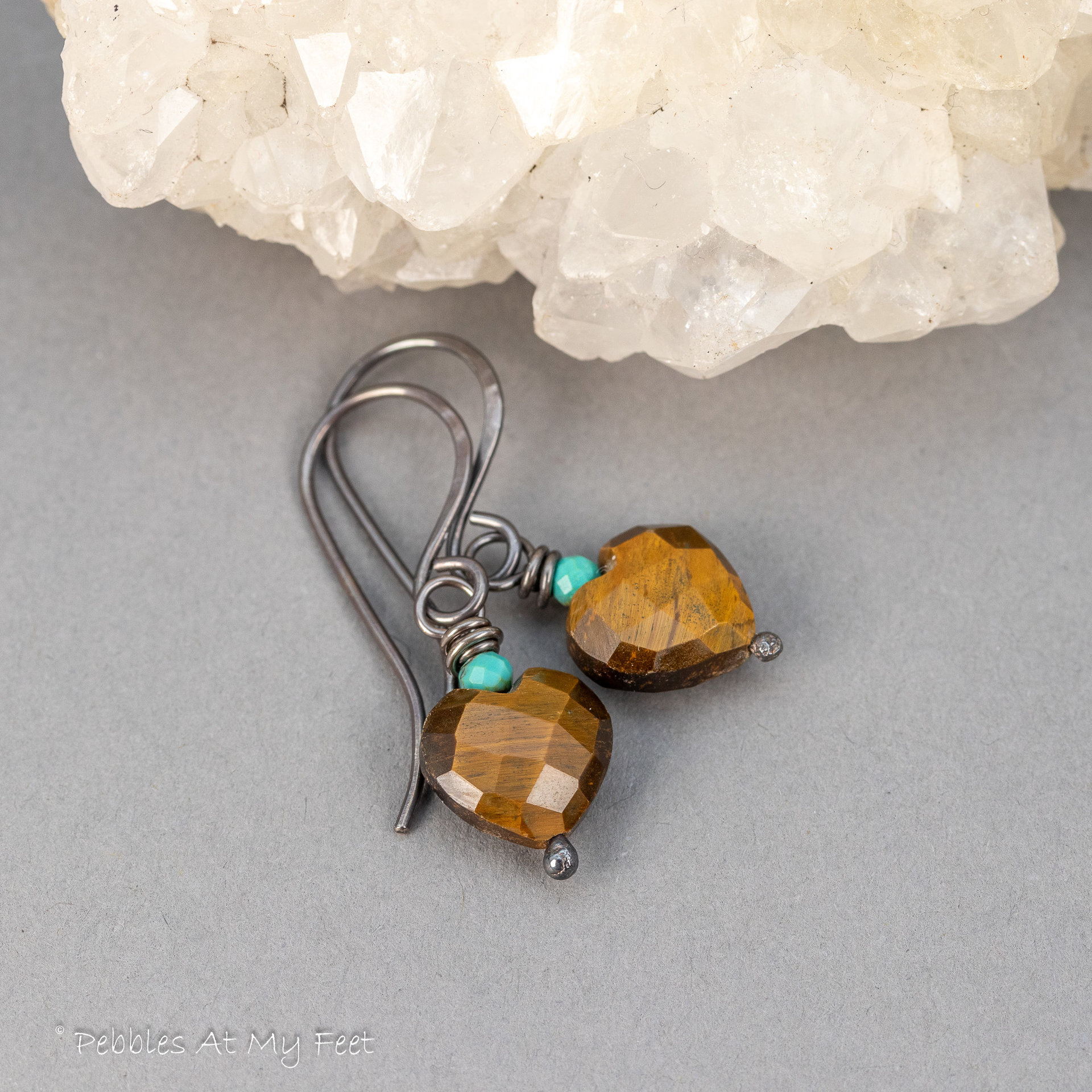 Tiger's Eye Gemstone Heart Earrings Handmade in Sterling Silver