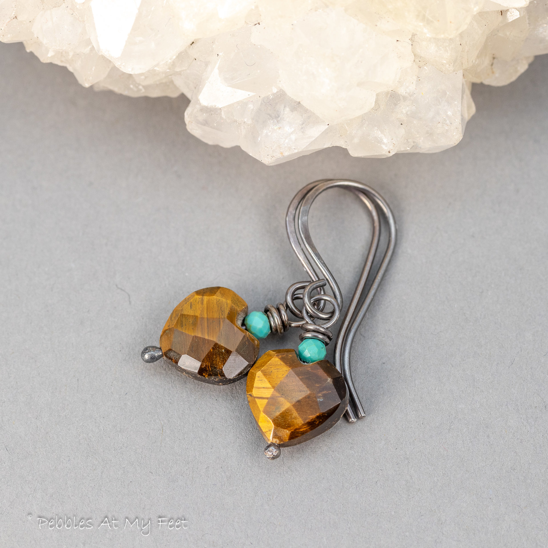 Tiger's Eye Gemstone Heart Earrings Handmade in Sterling Silver