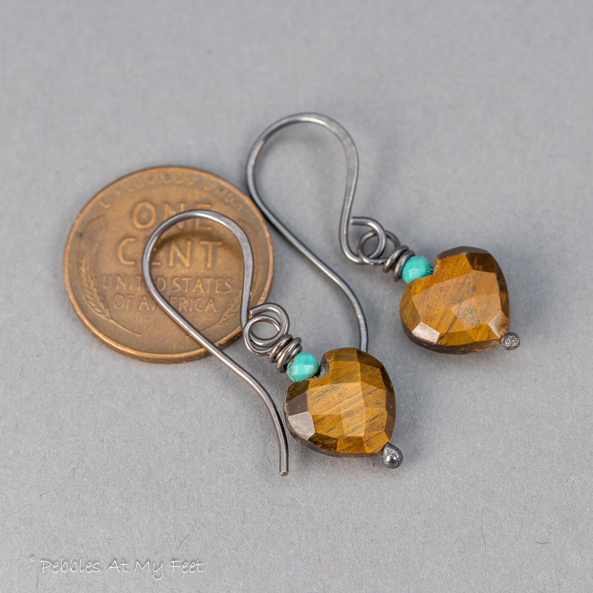 Tiger's Eye Gemstone Heart Earrings Handmade in Sterling Silver