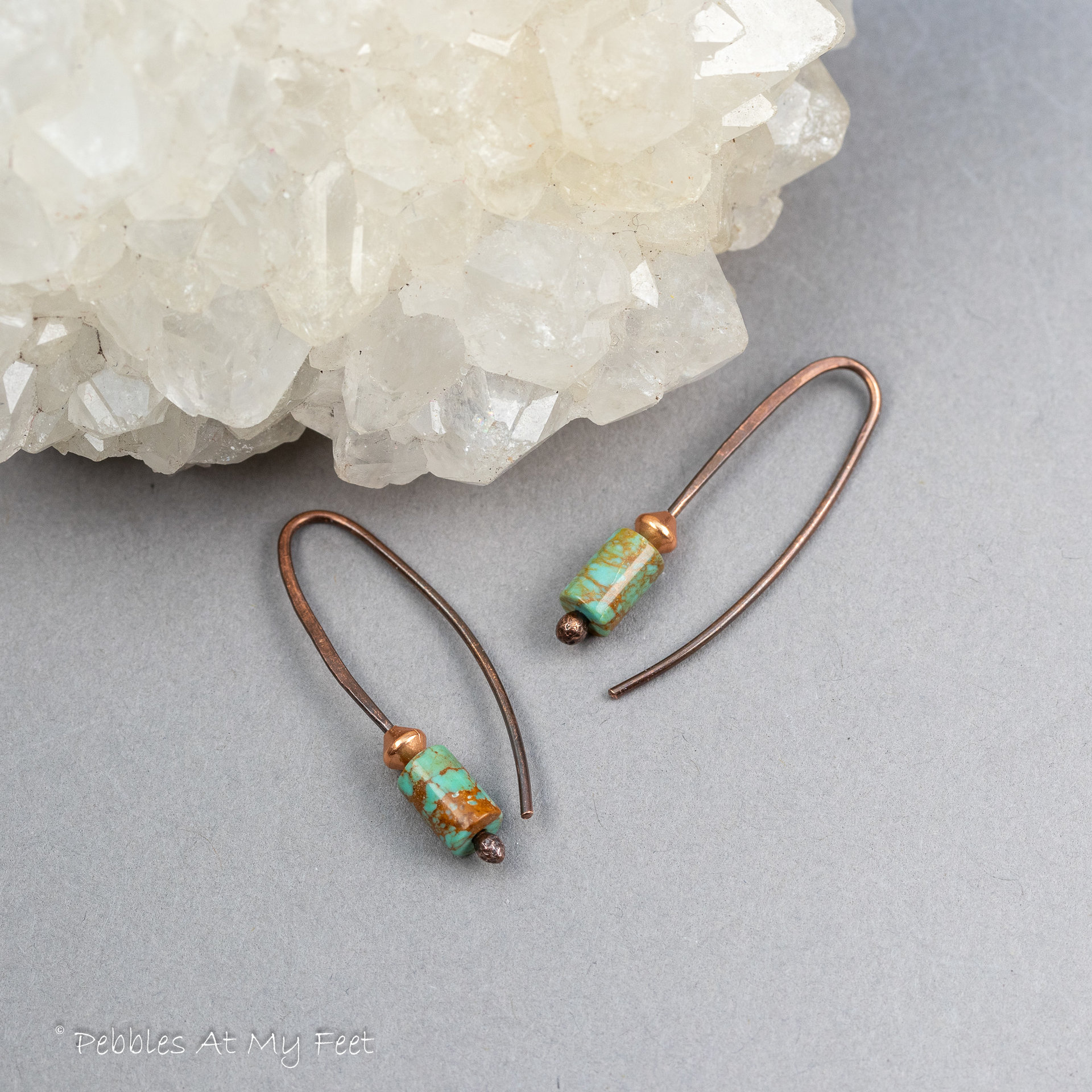 Copper Wire Threader Earrings with Genuine Turquoise Stone
