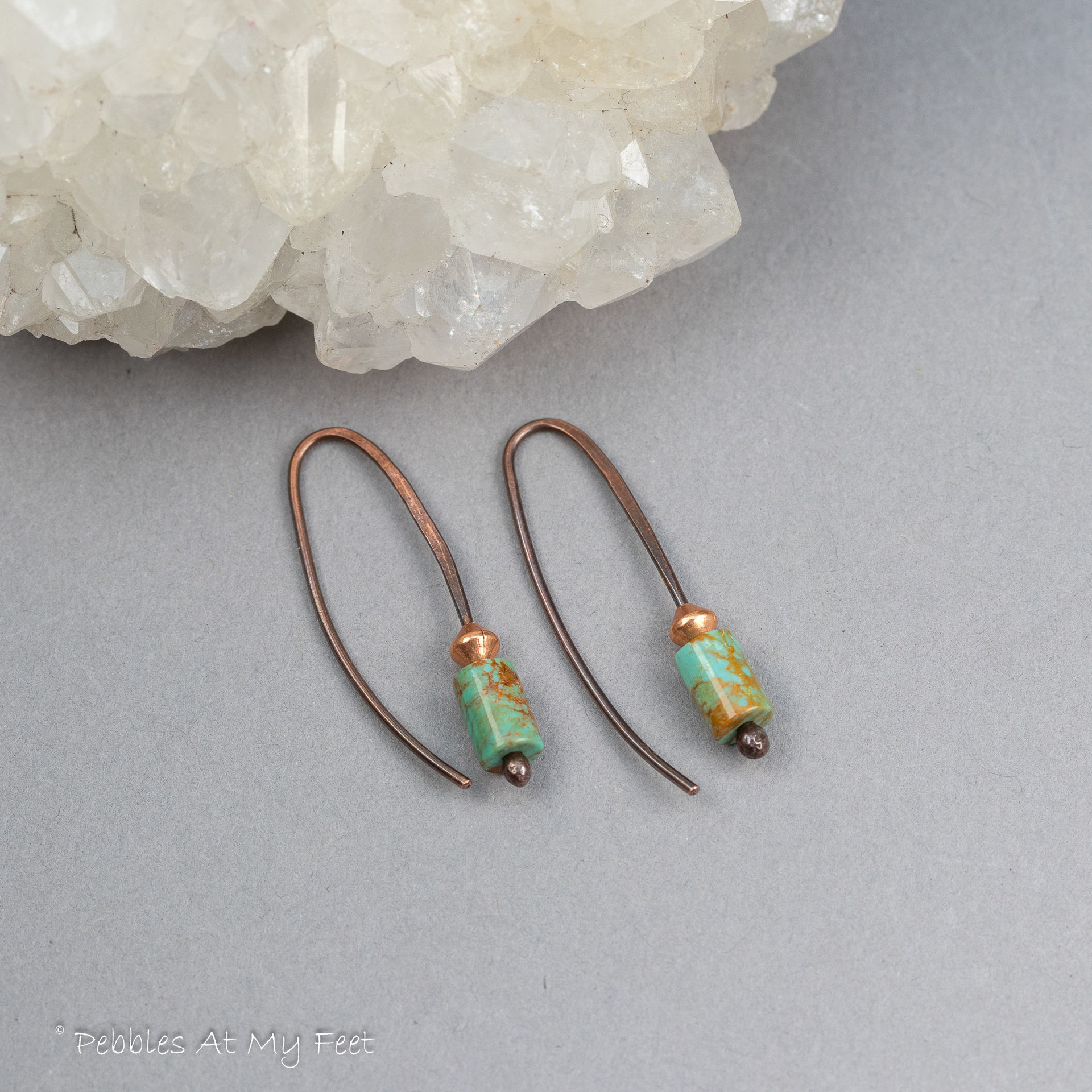 Copper Wire Threader Earrings with Genuine Turquoise Stone