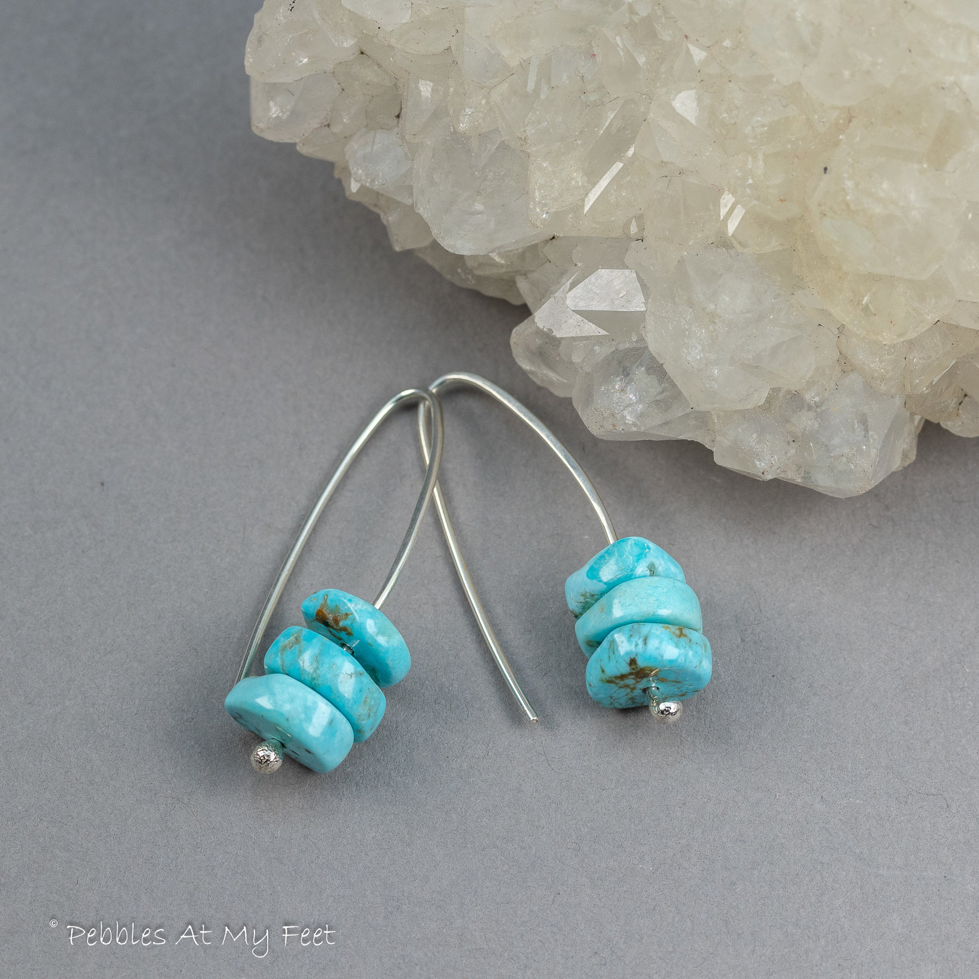 Minimalist Silver Earrings with Rustic Turquoise Disks