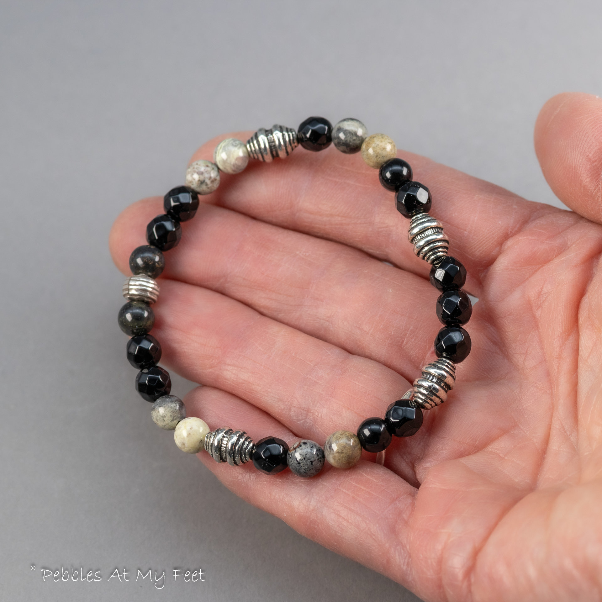 Black and Red Natural Stone and African Glass Bead Bracelet Stack