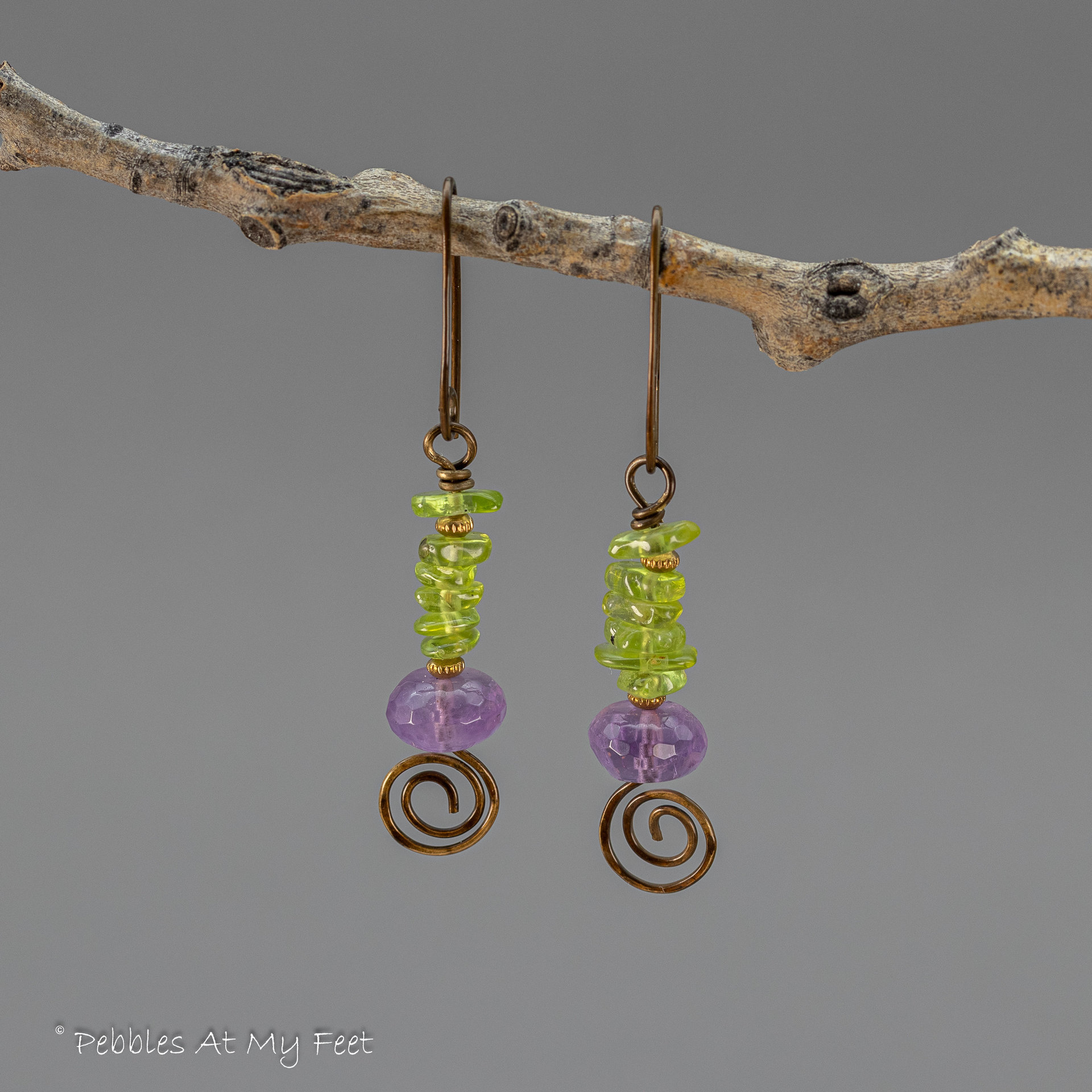 Peridot and Amethyst Gemstone Earrings Handmade in Brass