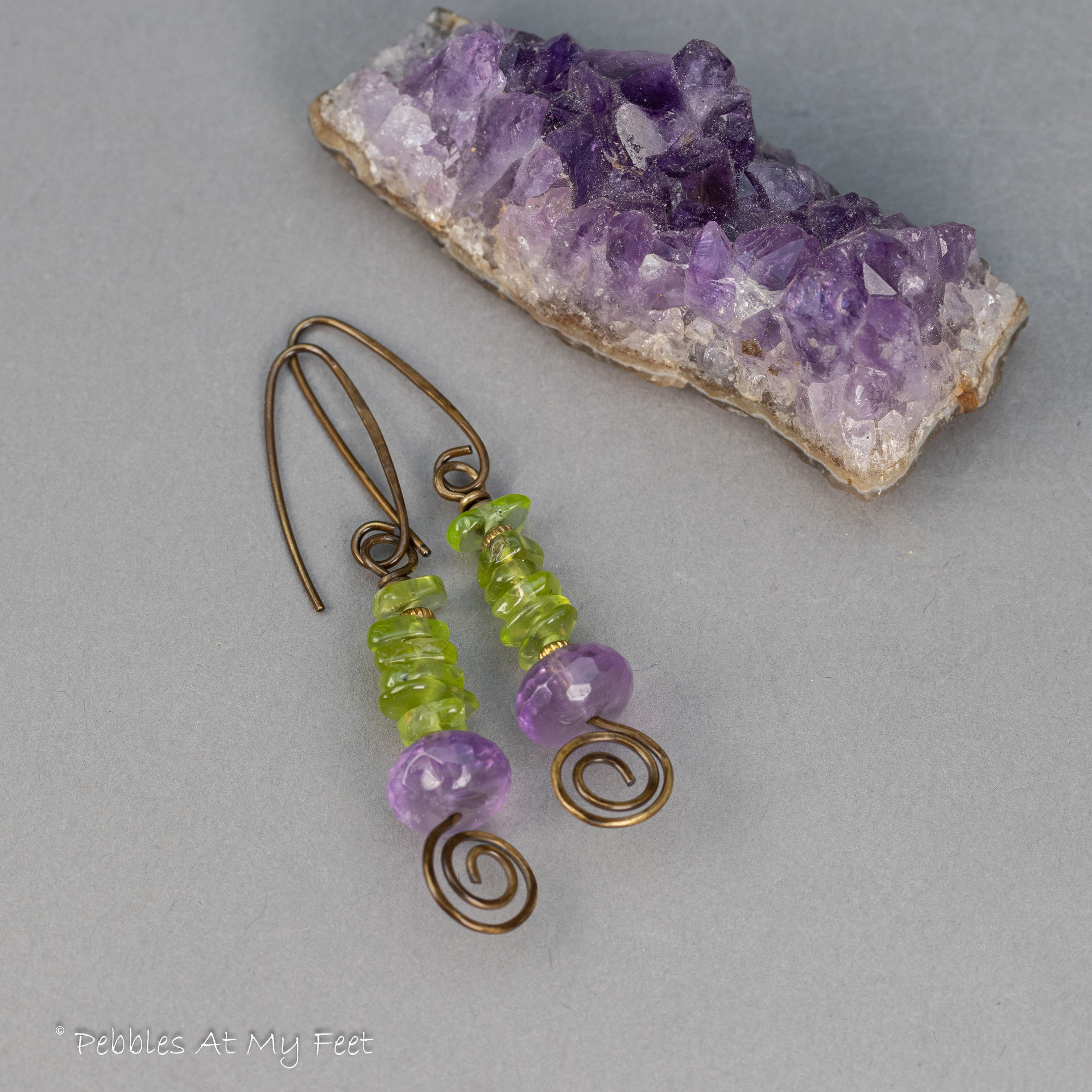 Peridot and Amethyst Gemstone Earrings Handmade in Brass