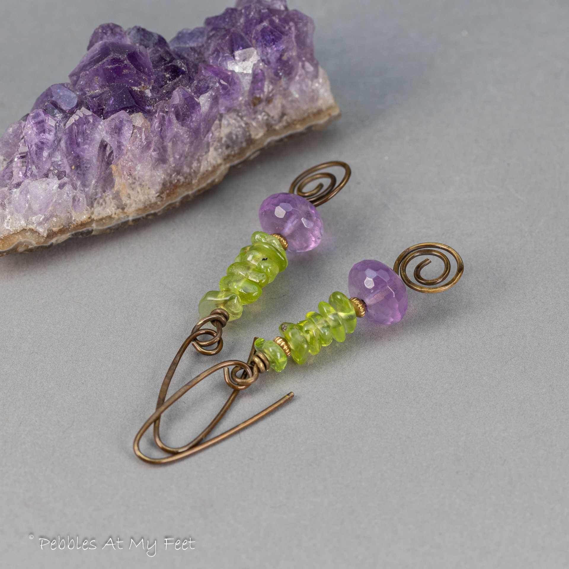 Peridot and Amethyst Gemstone Earrings Handmade in Brass