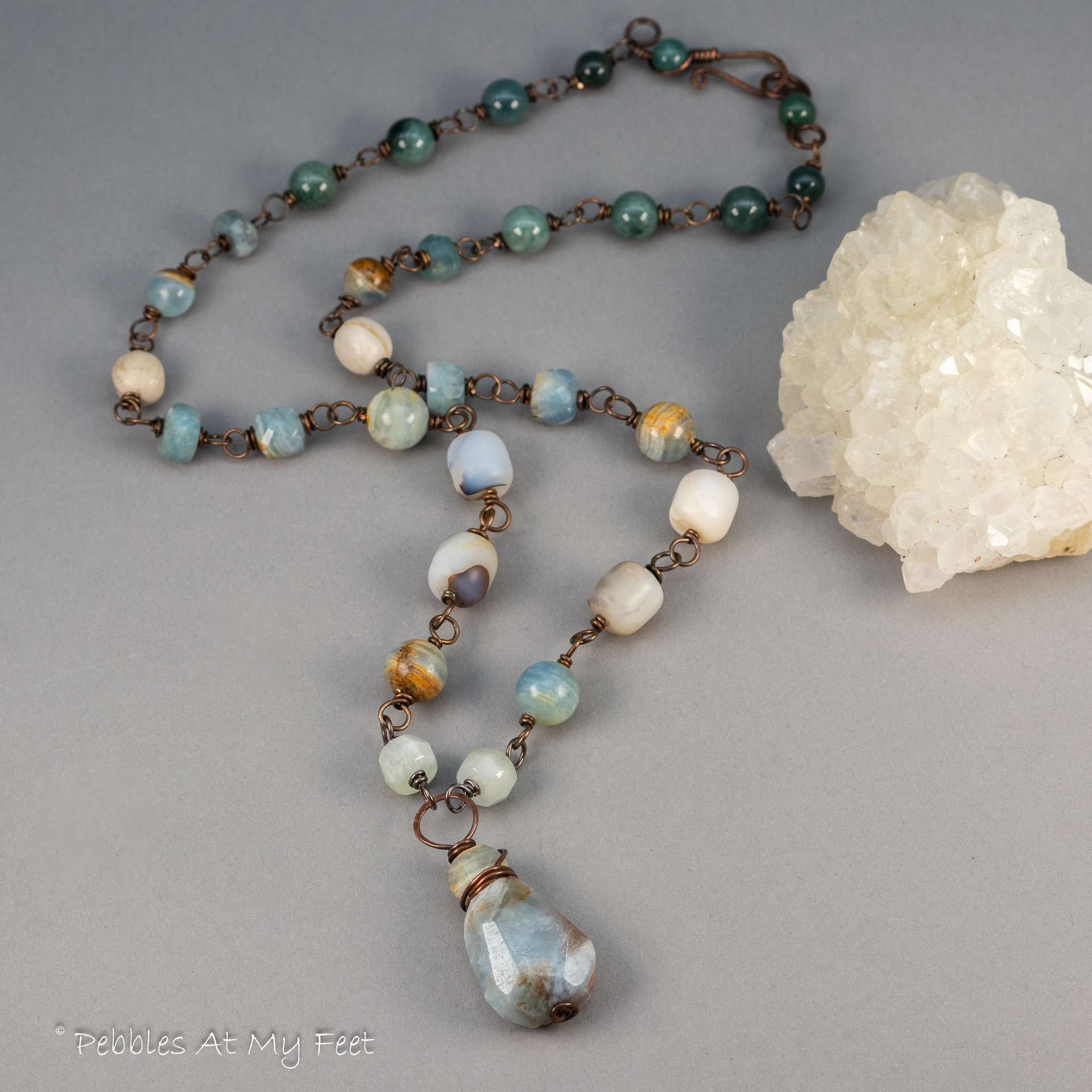 Natural Aquamarine Pendant Necklace, Multi Stone Handmade Station Chain