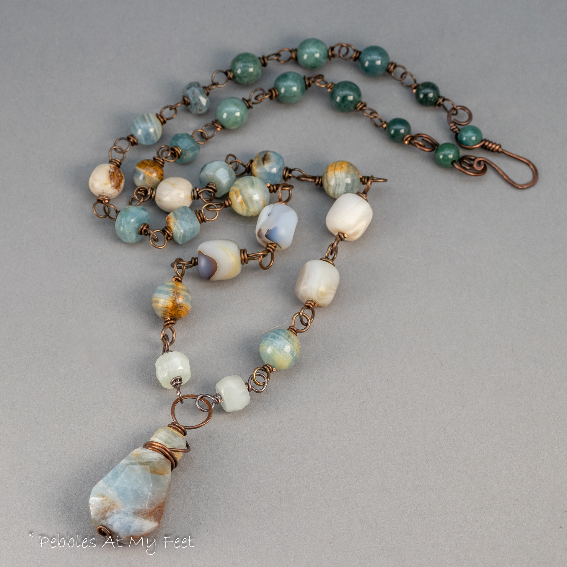 Natural Aquamarine Pendant Necklace, Multi Stone Handmade Station Chain