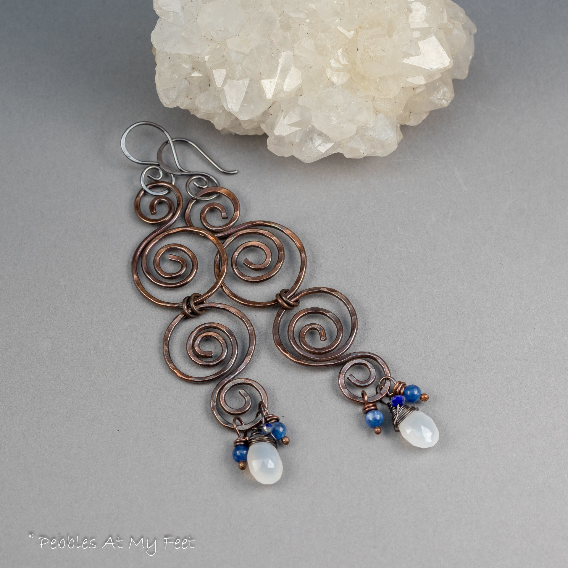 Copper Spiral Long Dangle Earrings with Moonstone and Kyanite