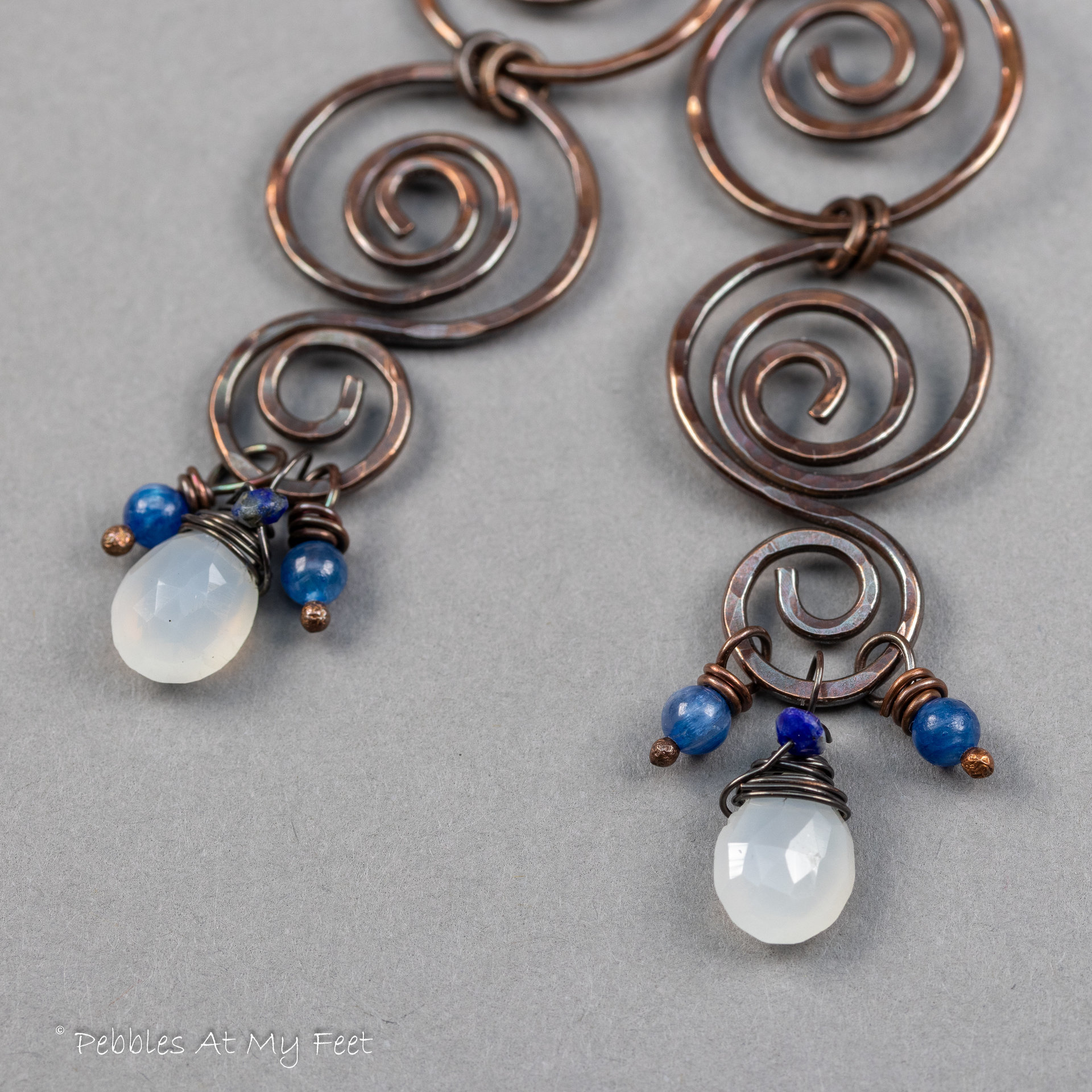 Copper Spiral Long Dangle Earrings with Moonstone and Kyanite