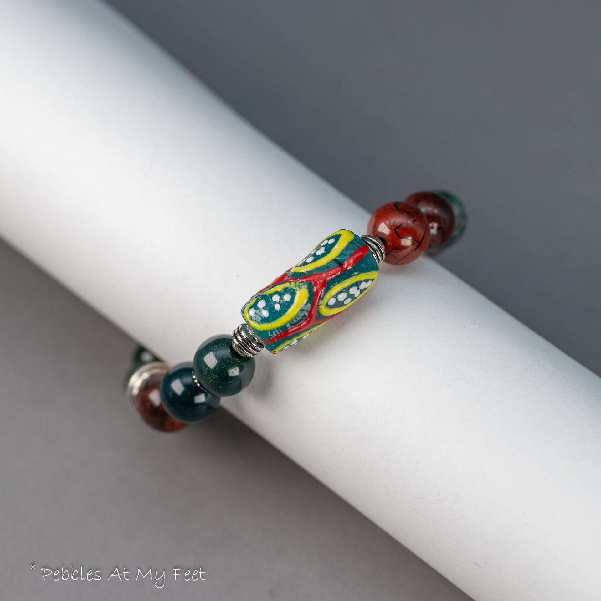 Red and Green Stone Bracelet with African Krobo Bead Focal