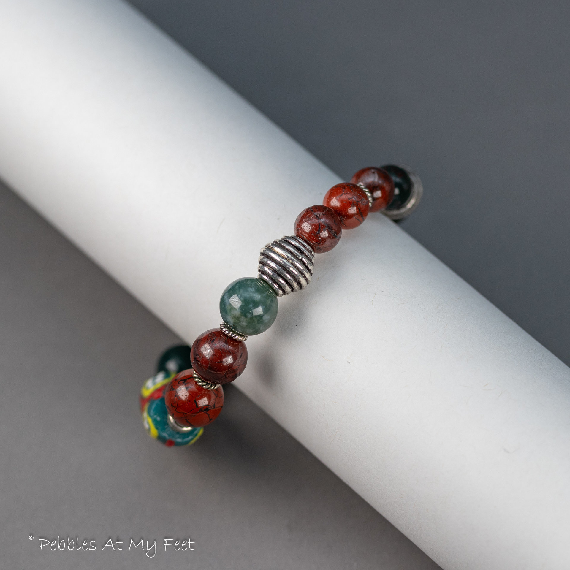 Red and Green Stone Bracelet with African Krobo Bead Focal