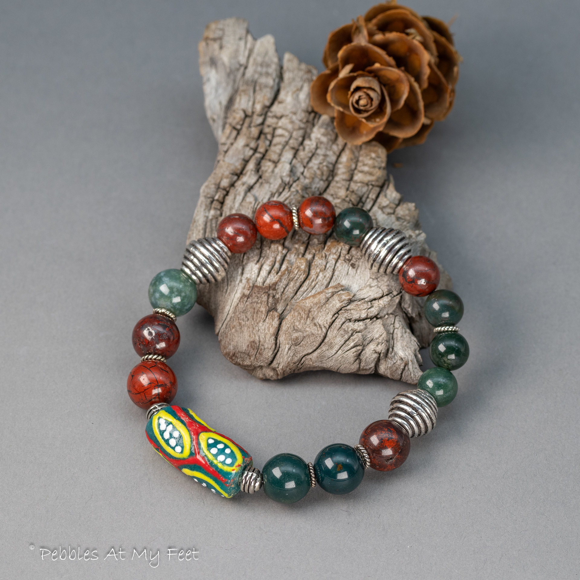 Red and Green Stone Bracelet with African Krobo Bead Focal