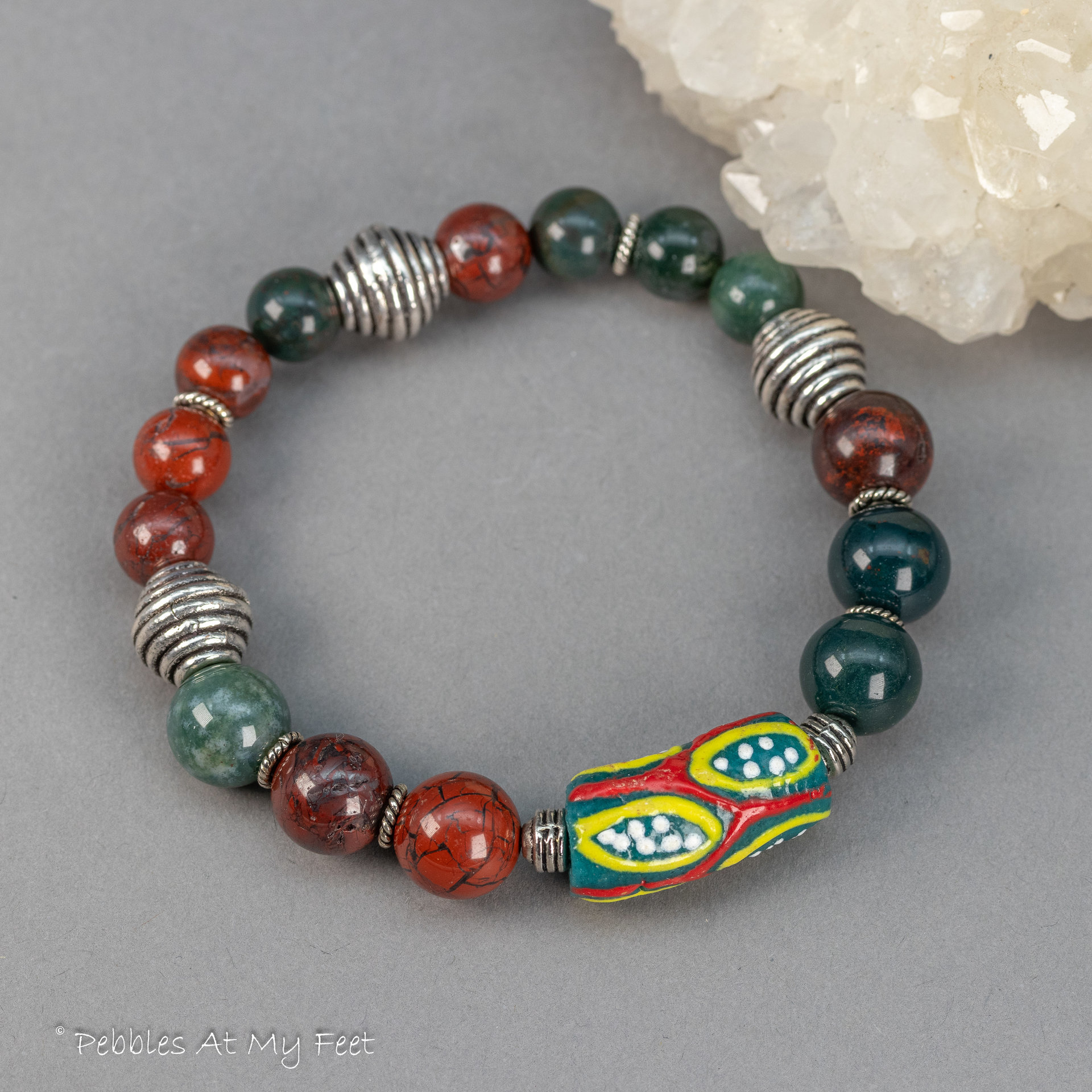 Red and Green Stone Bracelet with African Krobo Bead Focal