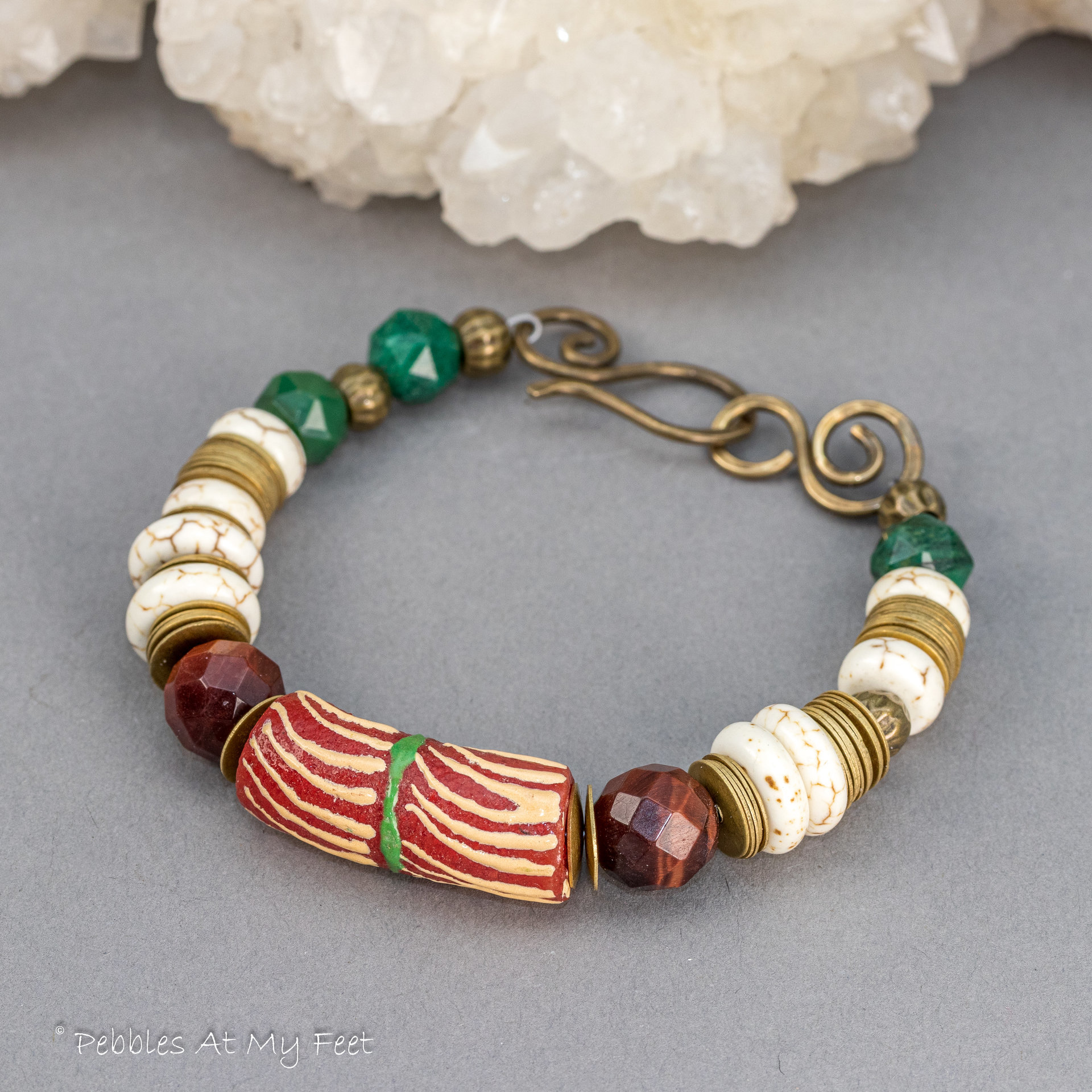 African Krobo Bead and Natural Stone Bracelet in Holiday Colors