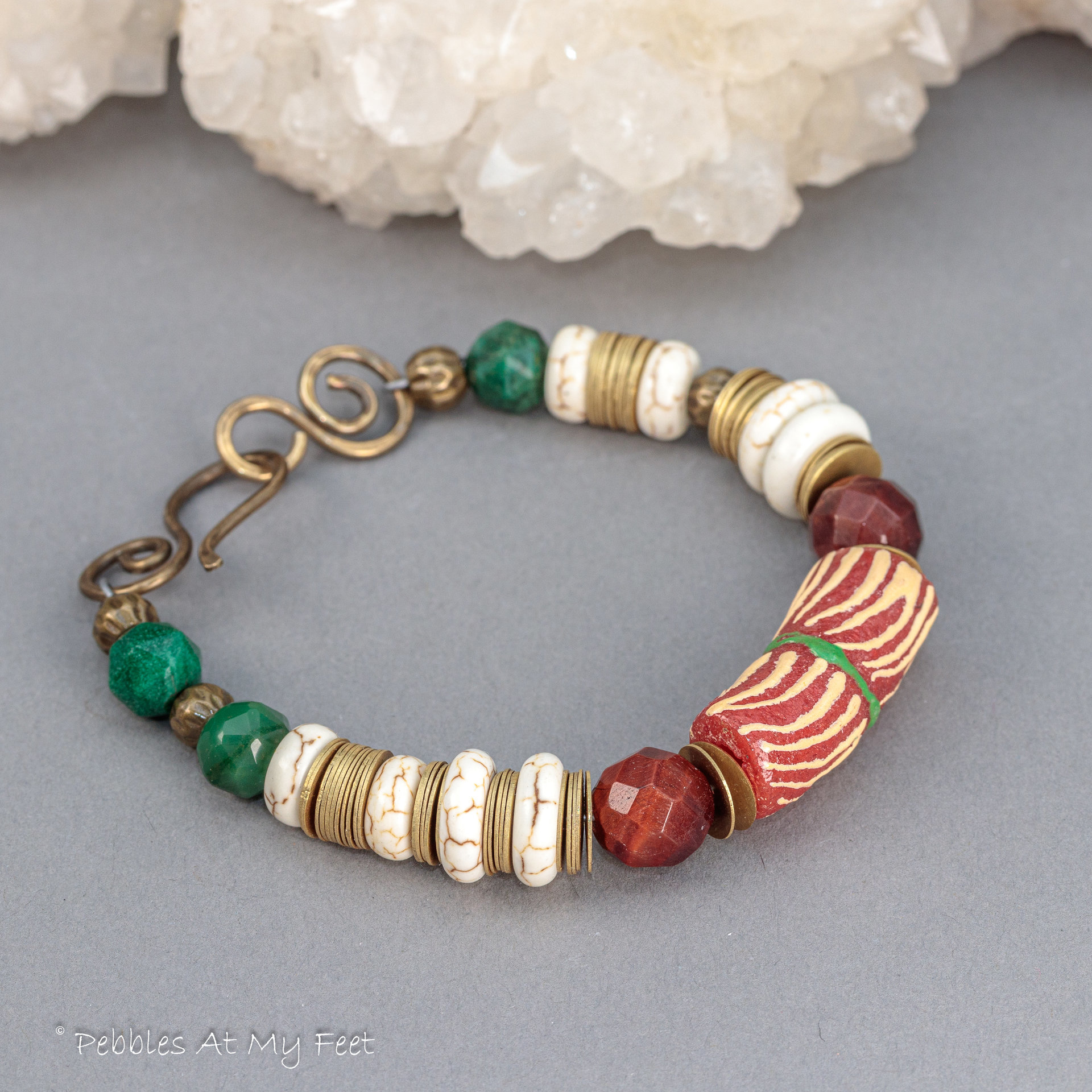 African Krobo Bead and Natural Stone Bracelet in Holiday Colors