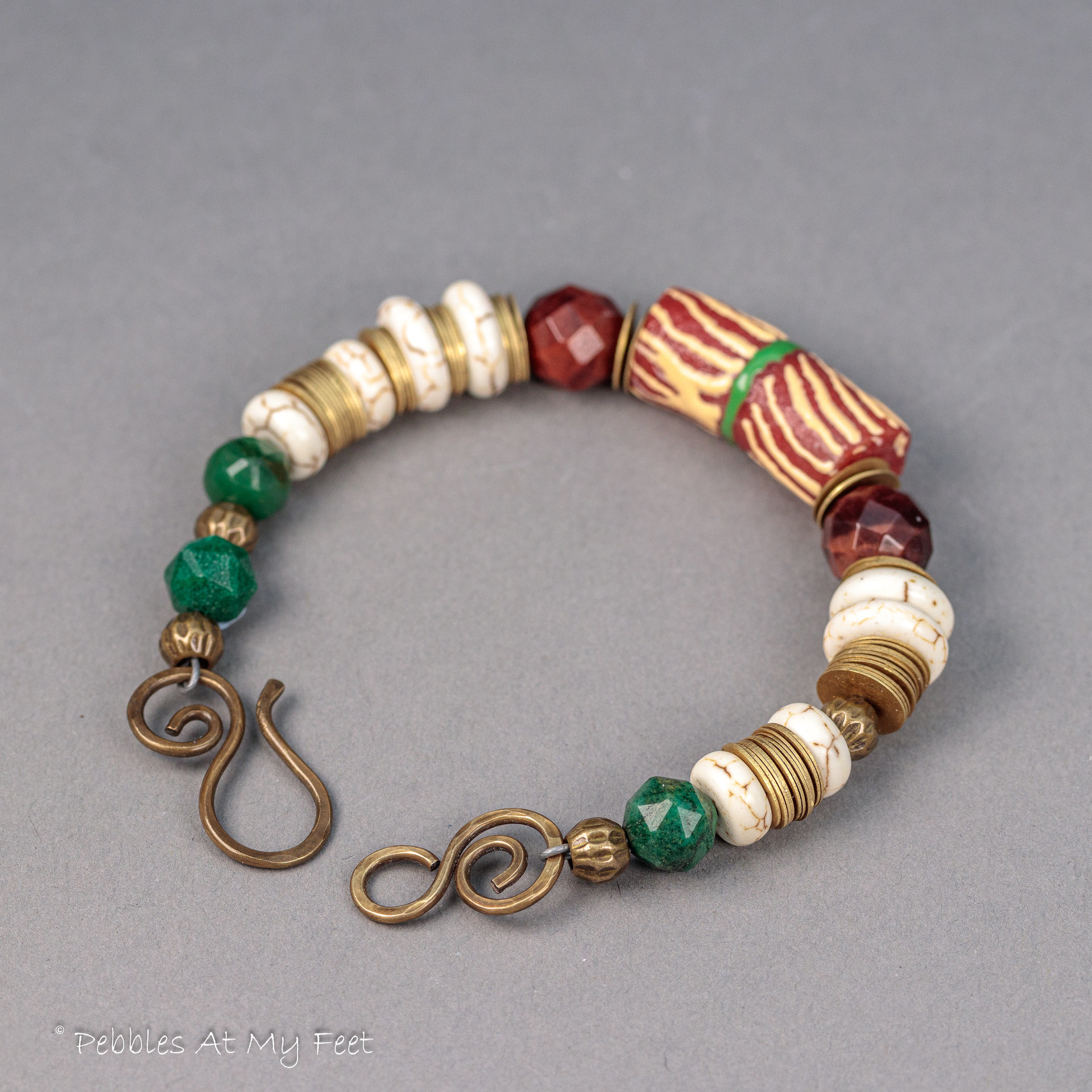 African Krobo Bead and Natural Stone Bracelet in Holiday Colors