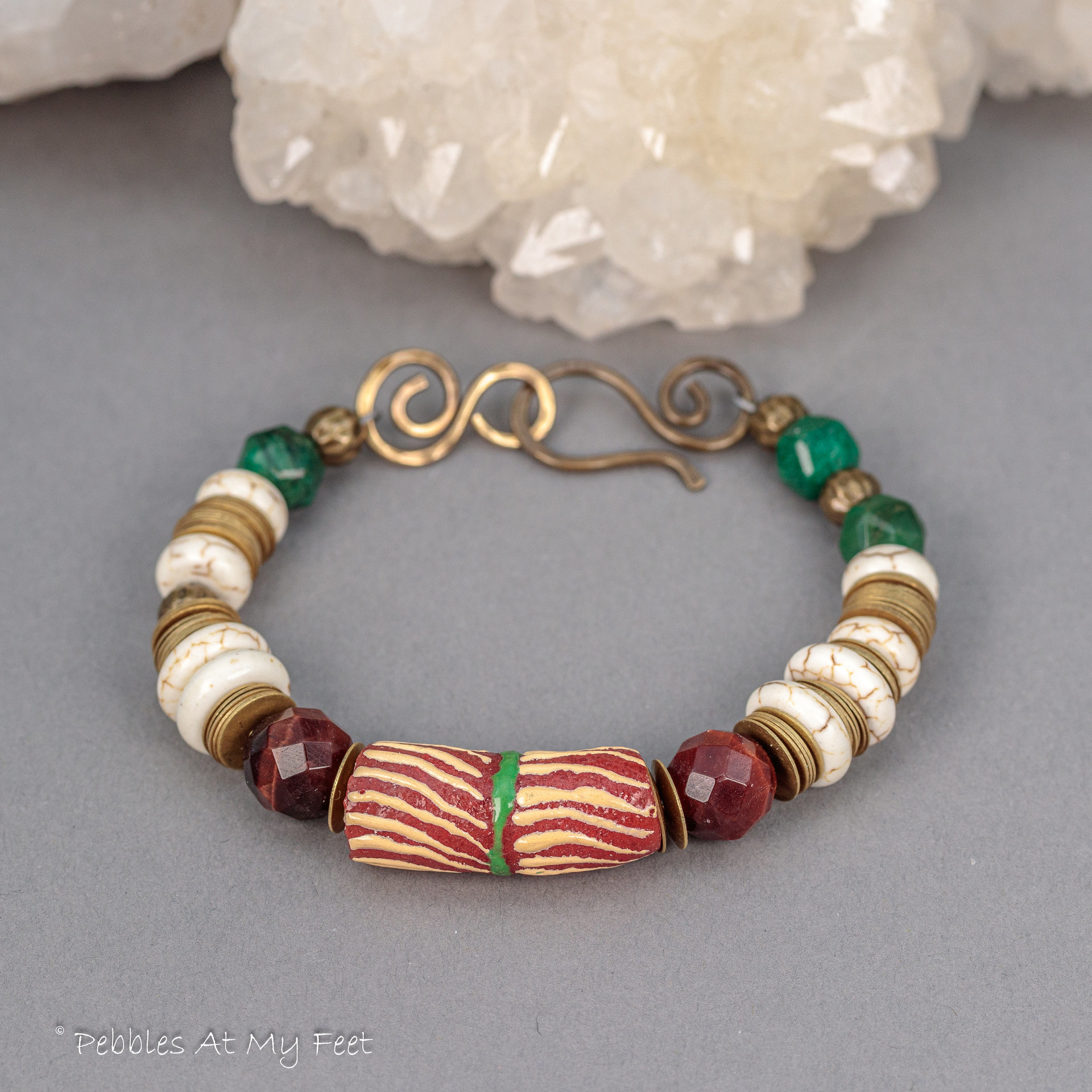 African Krobo Bead and Natural Stone Bracelet in Holiday Colors