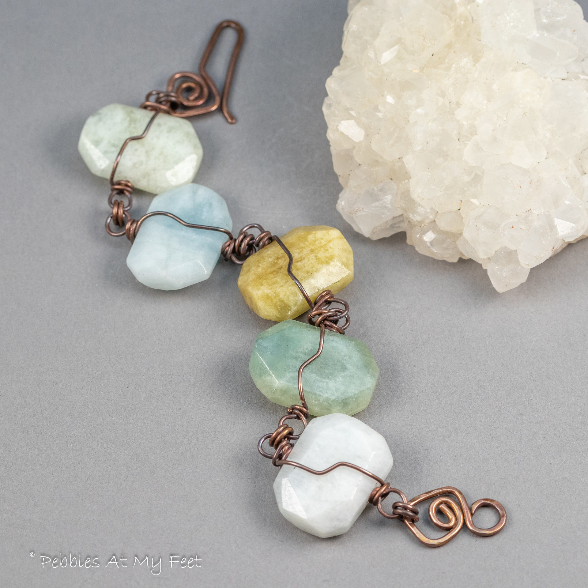 Copper Wire Wrapped Link Bracelet with Multi Color Aquamarine