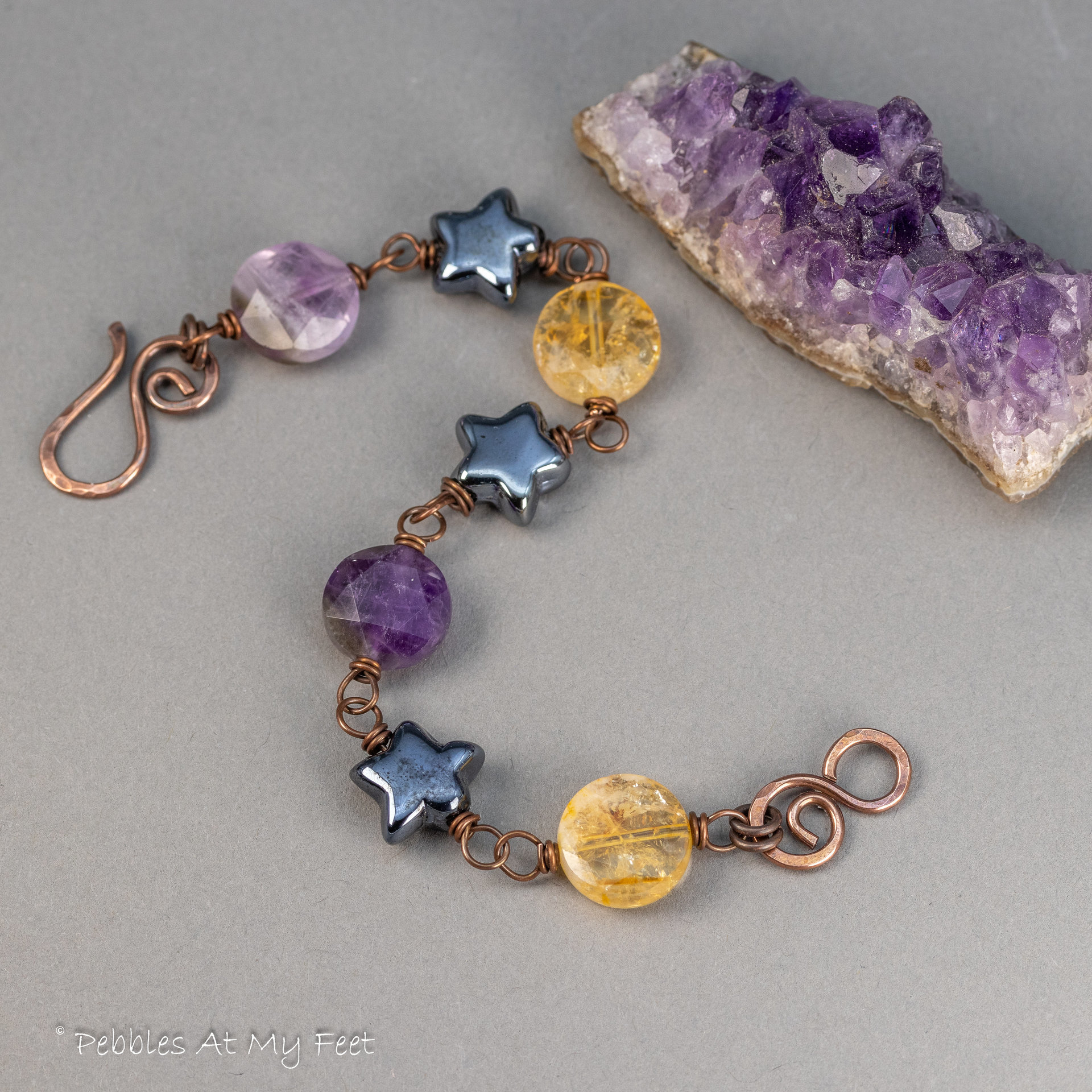 Chevron Amethyst and Citrine Natural Stone Link Bracelet 