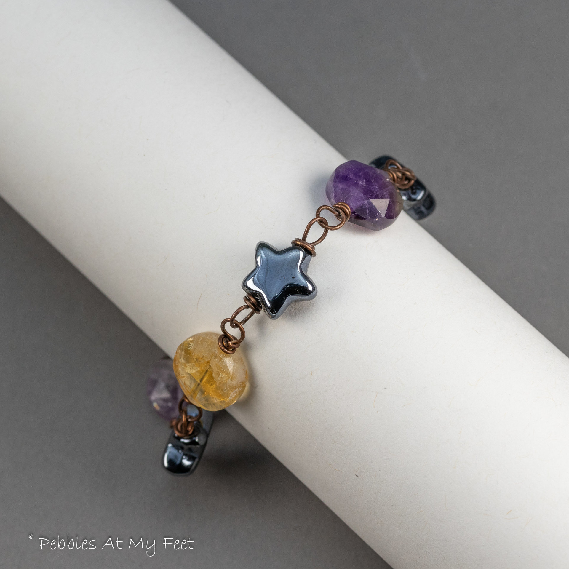 Chevron Amethyst and Citrine Natural Stone Link Bracelet 
