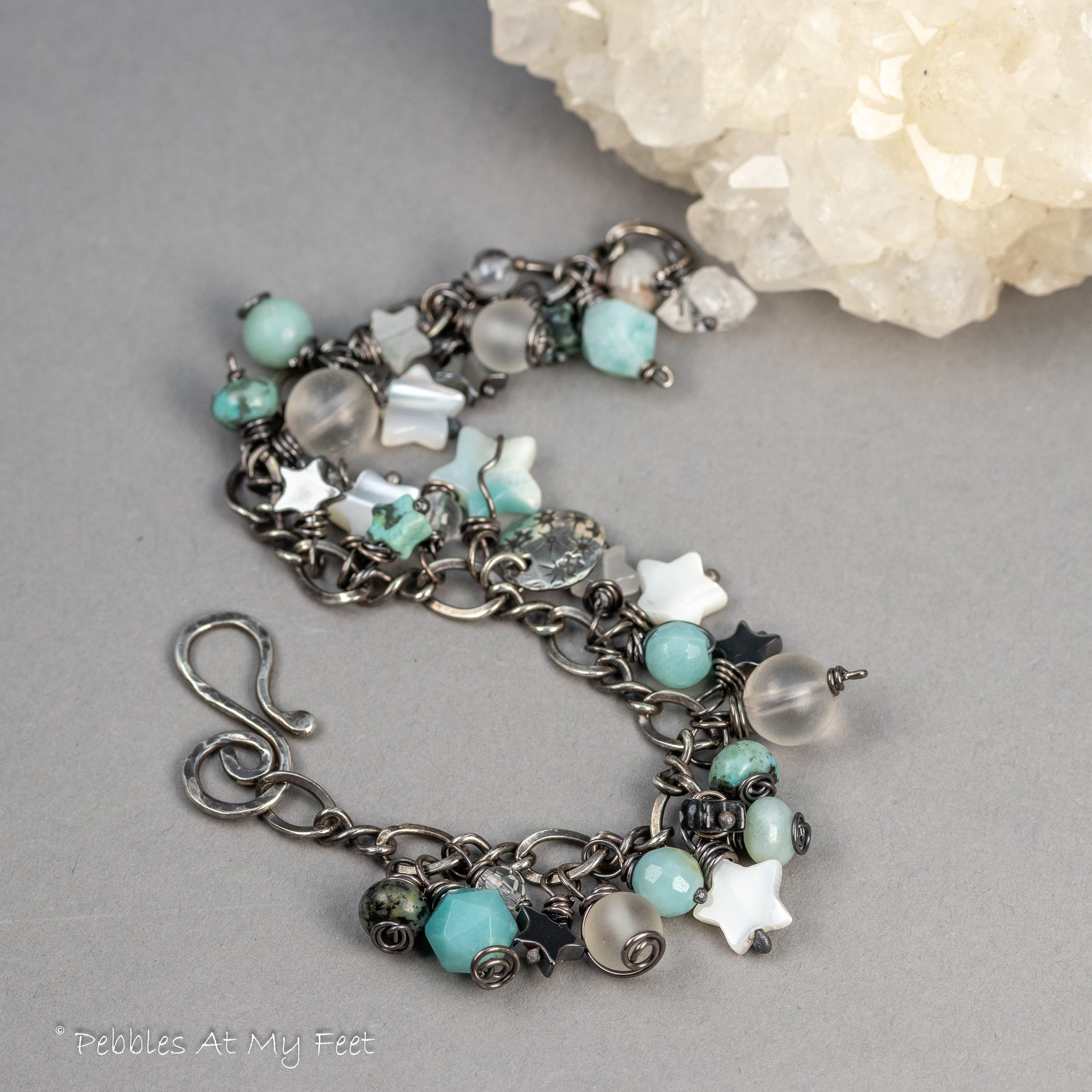Gemstone Charm Bracelet in Oxidized Sterling Silver, Amazonite and Mother of Pearl Stars