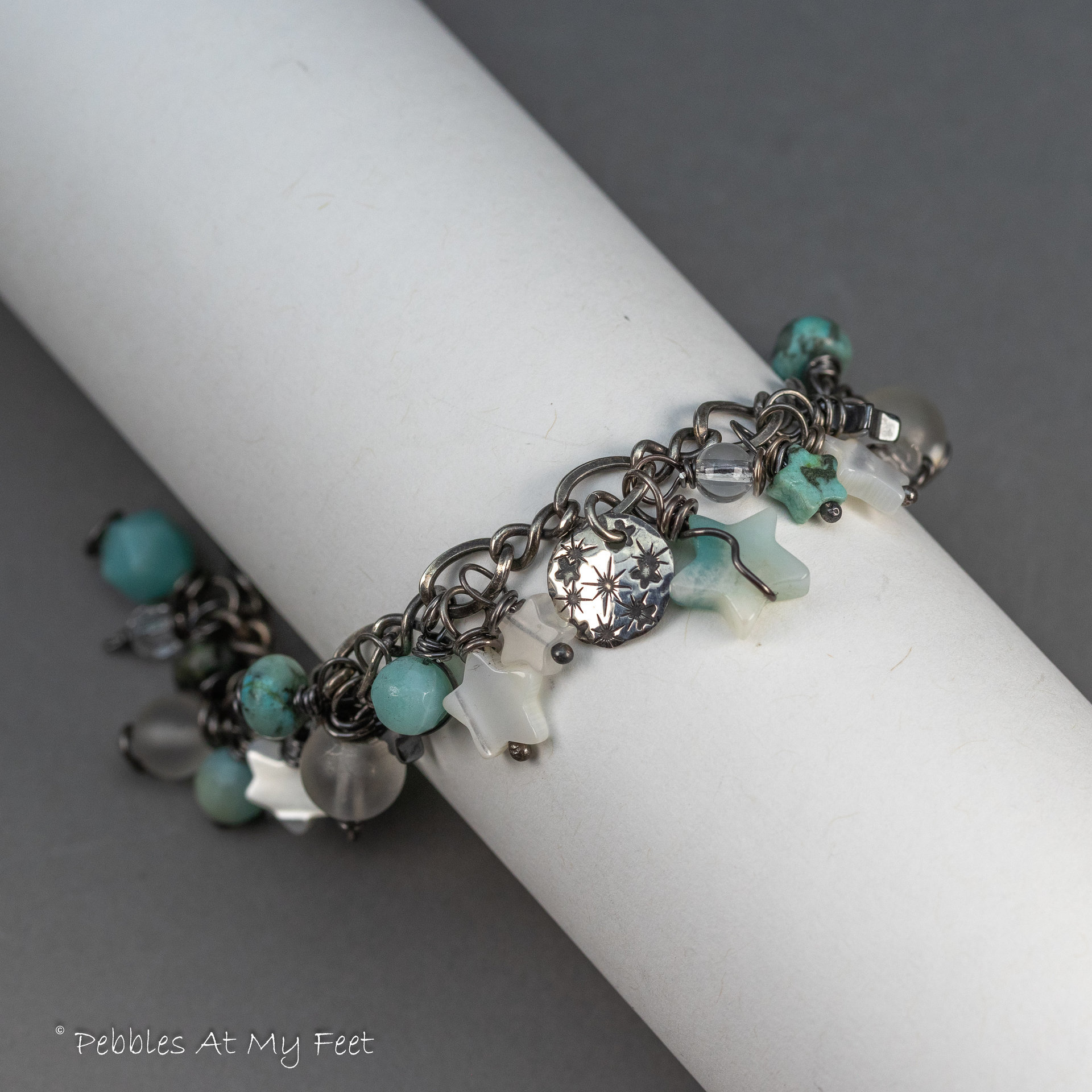 Gemstone Charm Bracelet in Oxidized Sterling Silver, Amazonite and Mother of Pearl Stars