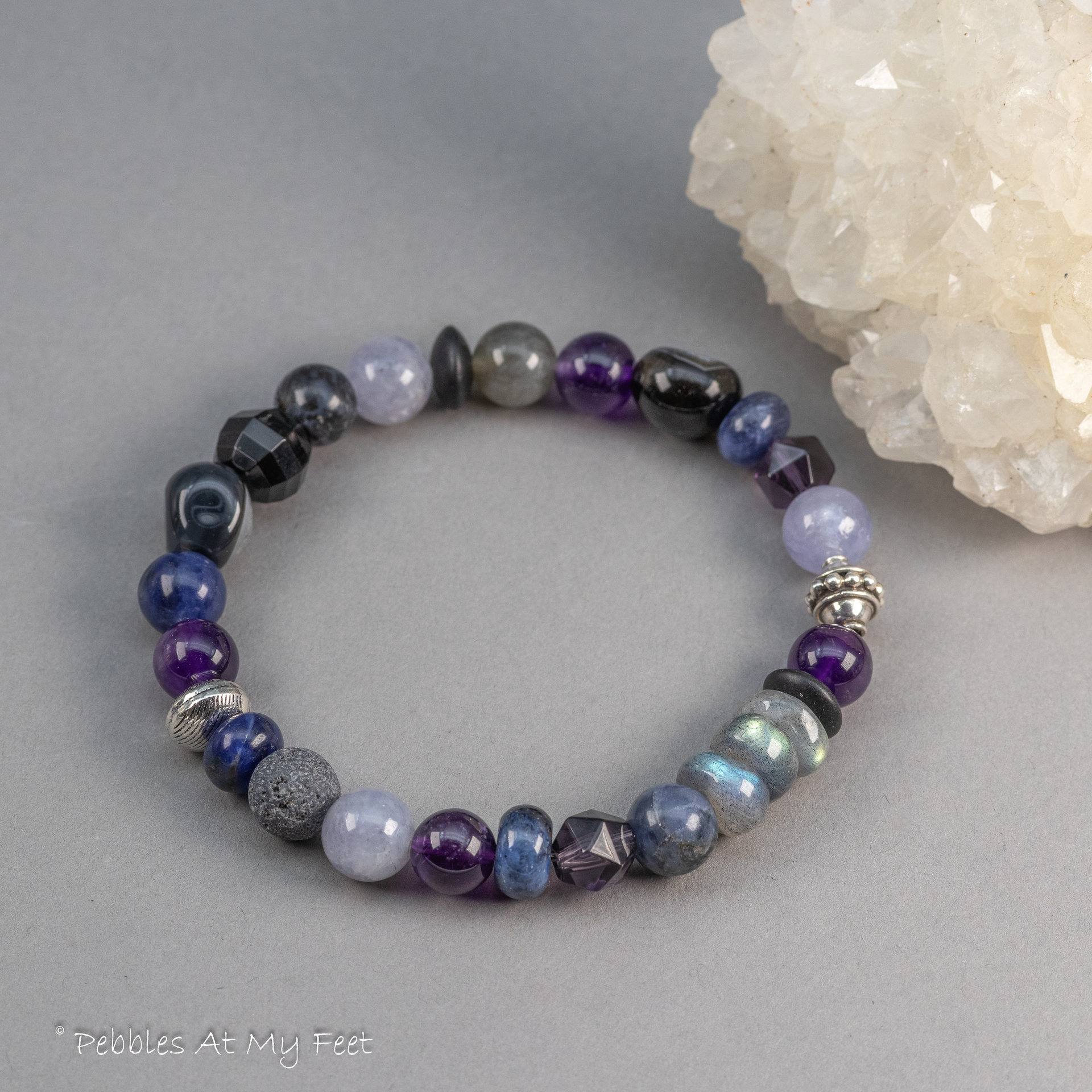 Purple Blue and Black Gemstone Stretch Bracelet for Women