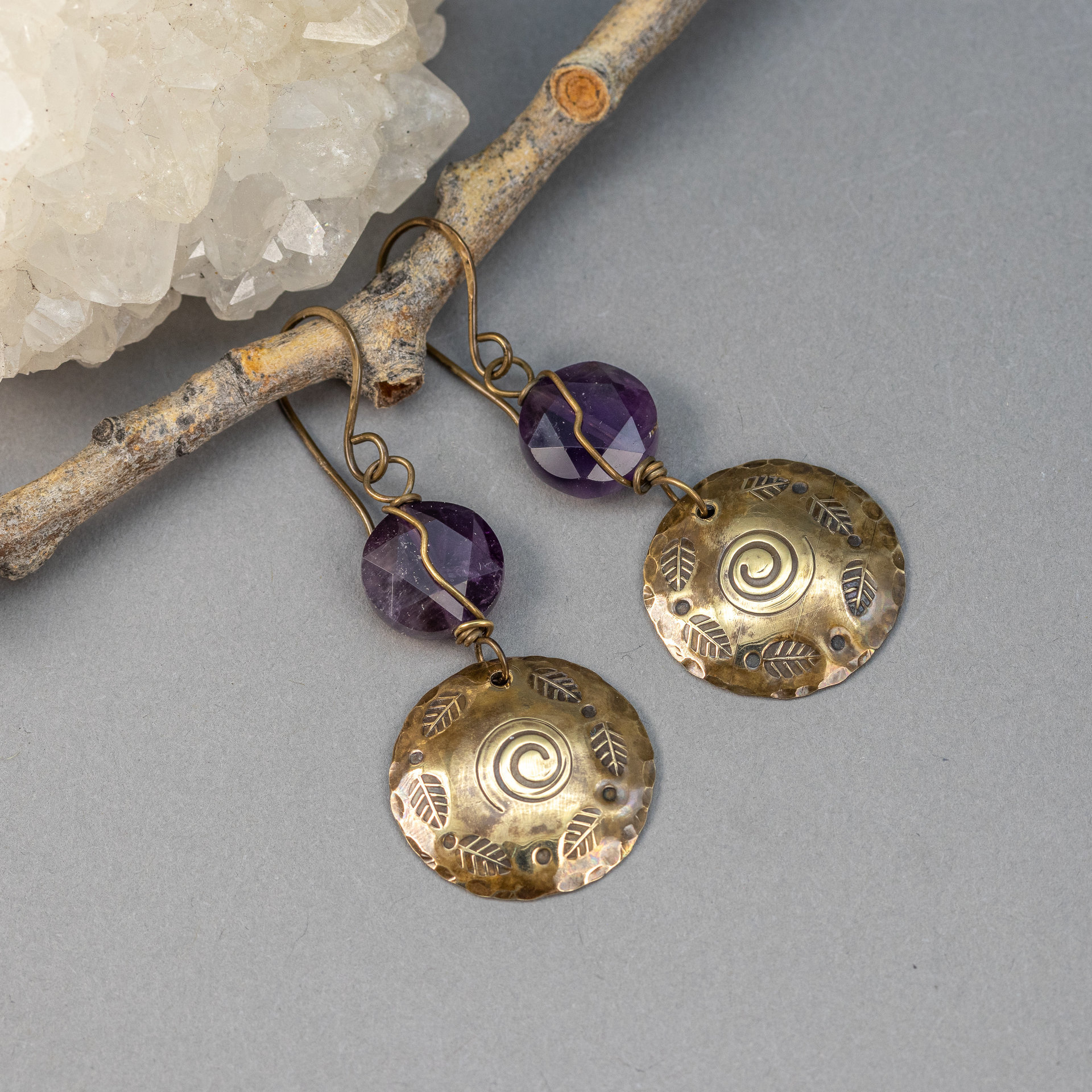 Brass and Amethyst Dangle Earrings with Hand Stamped Autumn Design